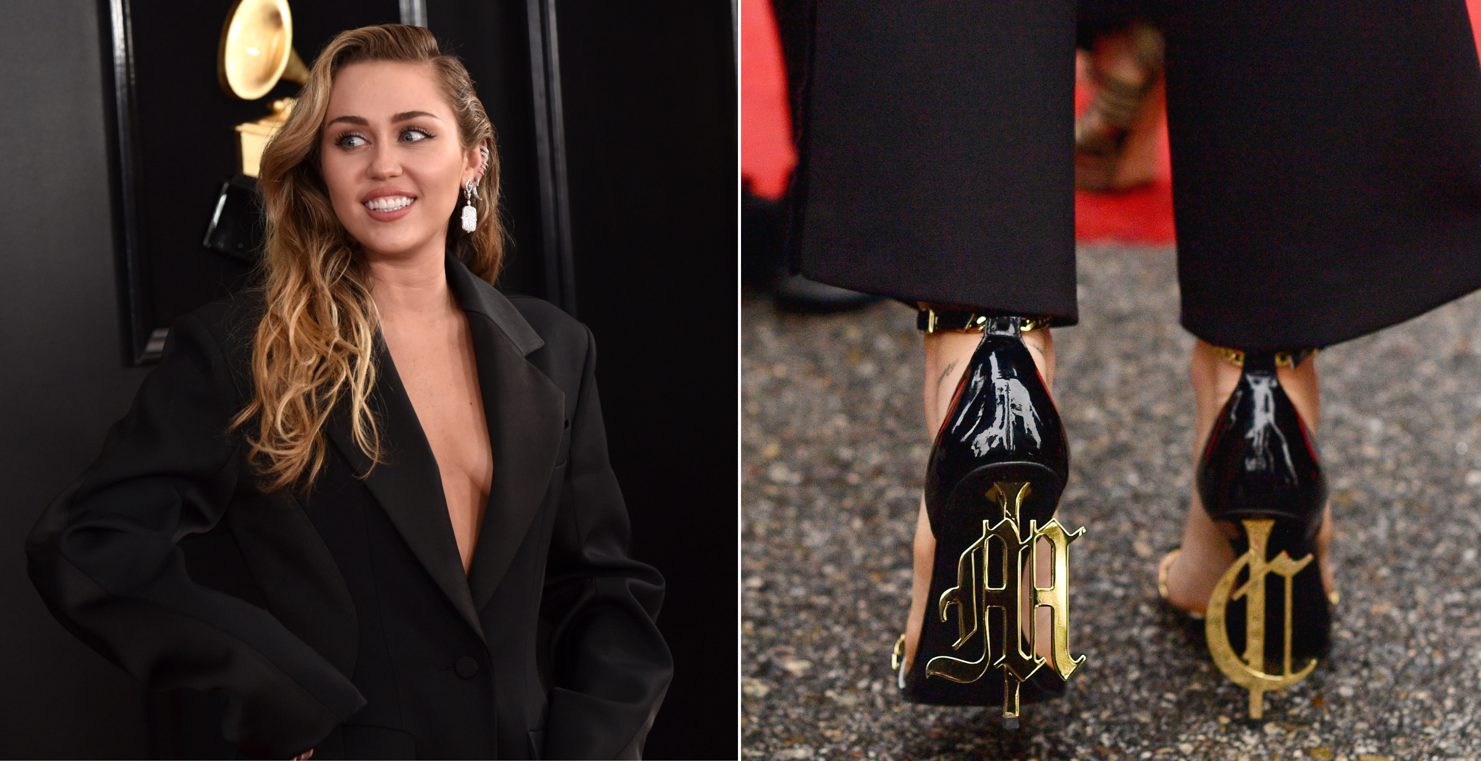 LOS ANGELES, CA - FEBRUARY 10: Miley Cyrus attends the 61st Annual GRAMMY Awards at Staples Center on February 10, 2019 in Los Angeles, California and LOS ANGELES, CA - FEBRUARY 10: Miley Cyrus, fashion detail, attends the 61st Annual GRAMMY Awards at Staples Center on February 10, 2019 in Los Angeles, California.