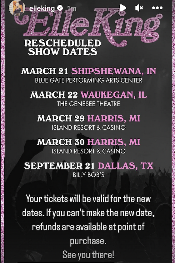 Screengrab of Elle King's Jan. 24 Instagram story about a series of postponed dates.