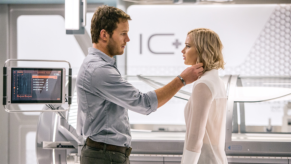 In the Infirmary, Jim (CHRIS PRATT) and Aurora (JENNIFER LAWRENCE) realize they have limited options in Passengers