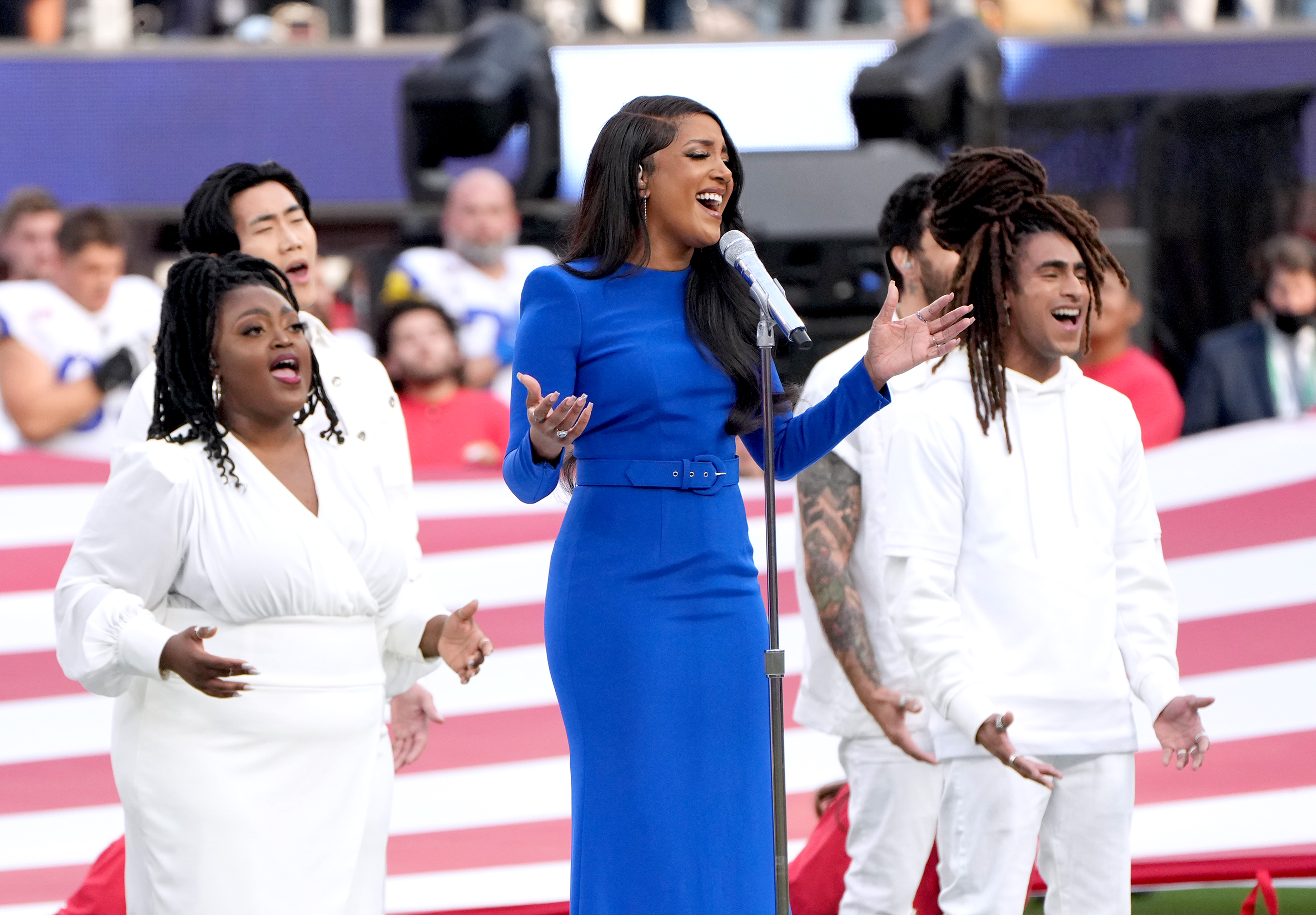 INGLEWOOD, CALIFORNIA - FEBRUARY 13: Mickey Guyton performs the national anthem at Super Bowl LVI at SoFi Stadium on February 13, 2022 in Inglewood, California. 