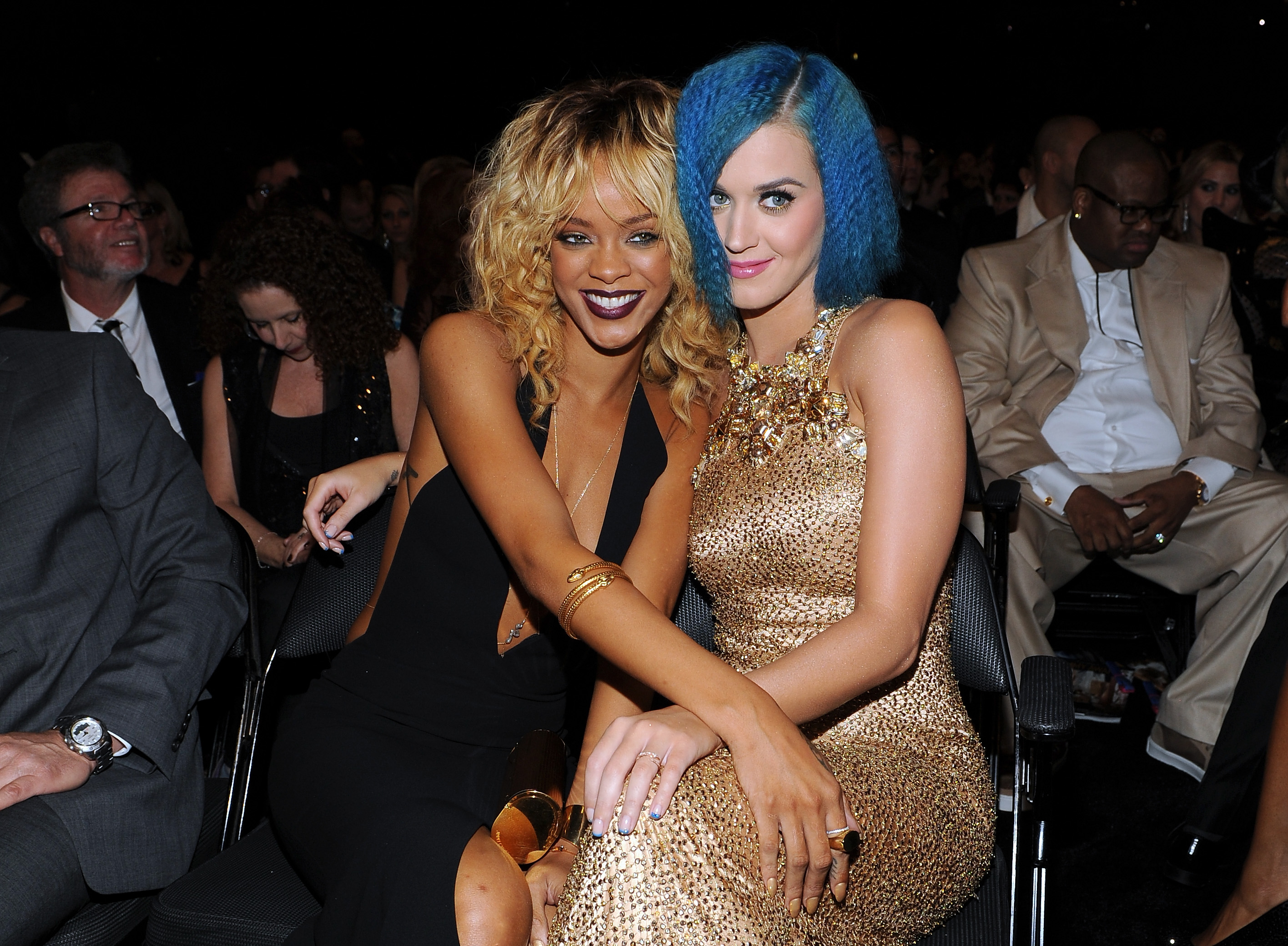 LOS ANGELES, CA - FEBRUARY 12: Singers Rihanna and Katy Perry in the audience at the 54th Annual GRAMMY Awards held at Staples Center on February 12, 2012 in Los Angeles, California.