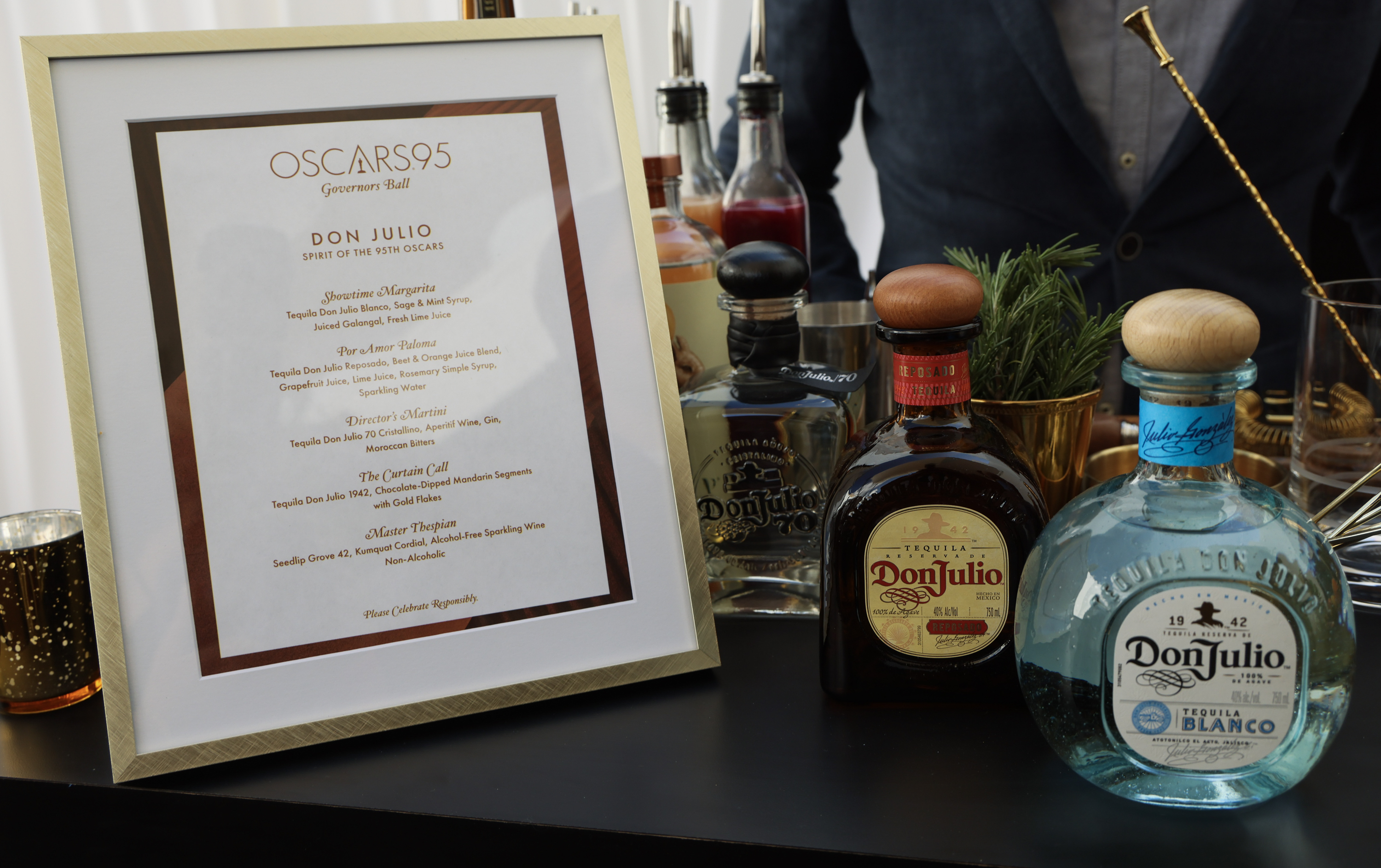 HOLLYWOOD, CALIFORNIA - MARCH 07: Don Julio cocktail menu at the 95th Oscars Governors Ball preview at The Ray Dolby Ballroom on March 07, 2023 in Hollywood, California. 