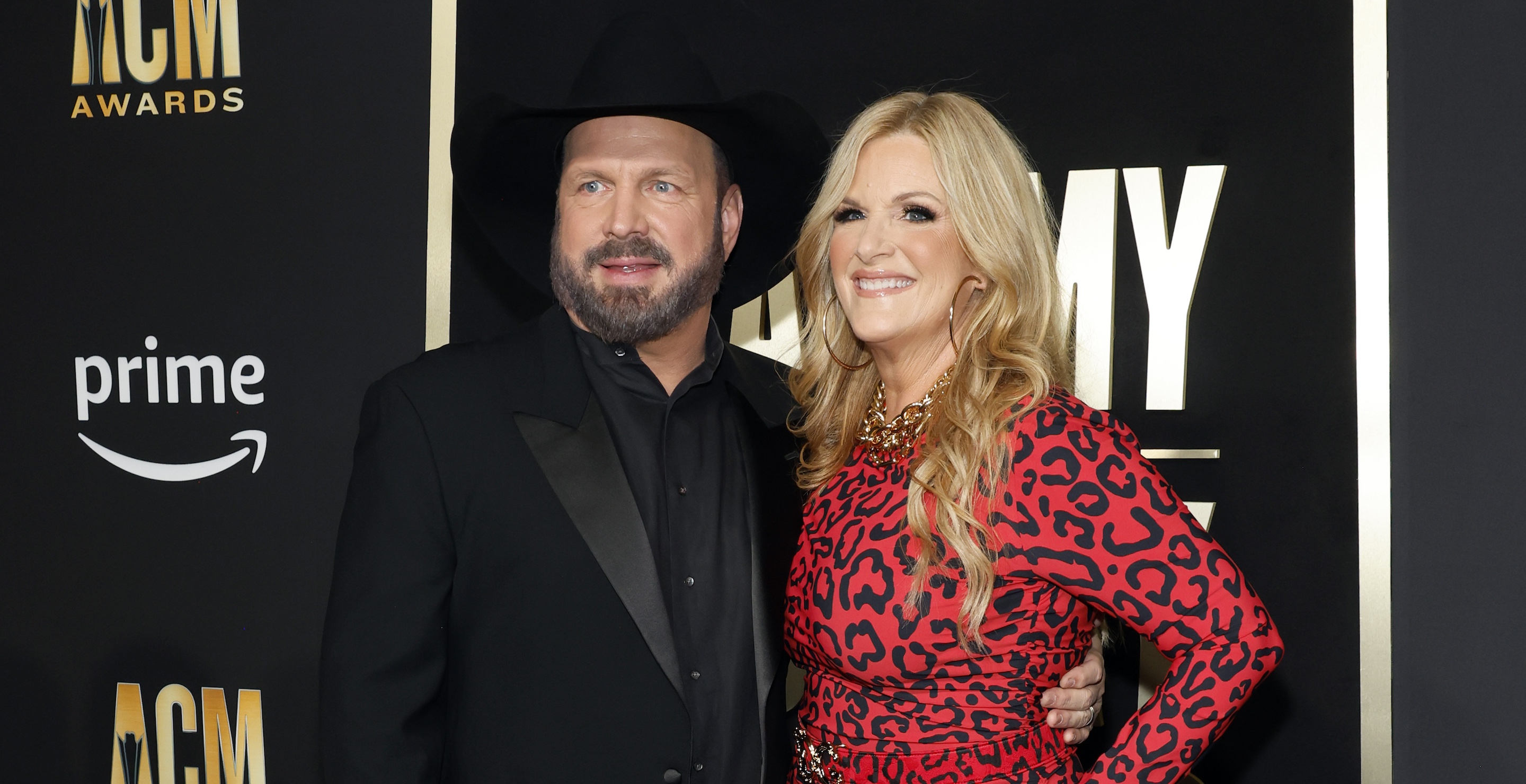 FRISCO, TEXAS - MAY 11: (L-R) Garth Brooks and Trisha Yearwood attend the 58th Academy Of Country Music Awards at The Ford Center at The Star on May 11, 2023 in Frisco, Texas.