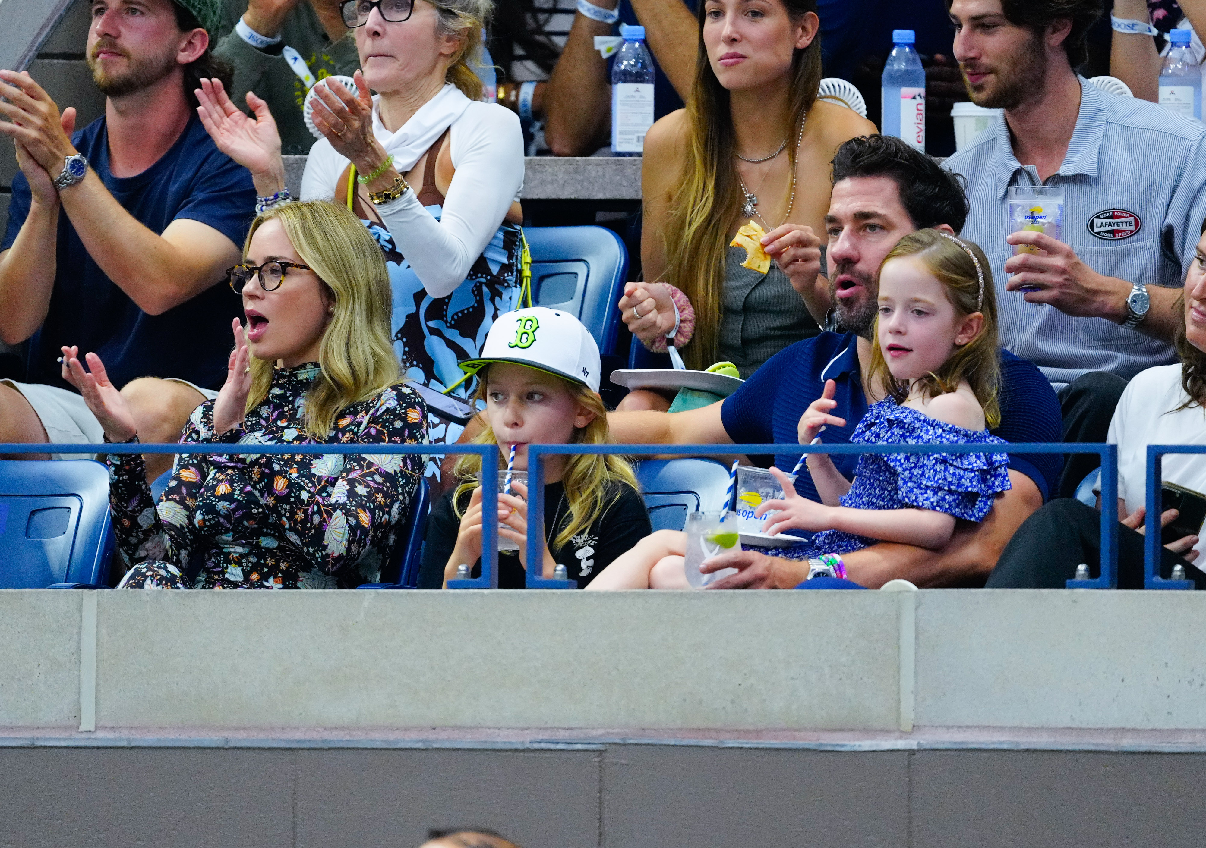 NEW YORK, NEW YORK - SEPTEMBER 08: Emily Blunt and John Krasinski are seen at the 2023 US Open Tennis Championships on September 08, 2023 in New York City.