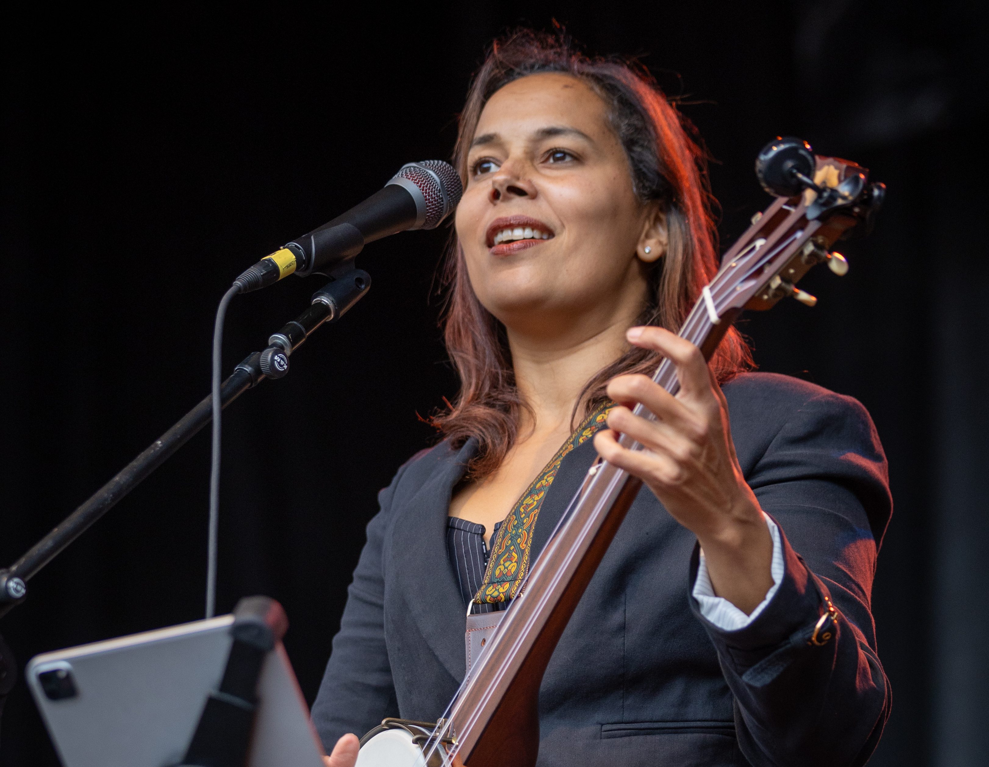NORTH ADAMS, MASSACHUSETTS - SEPTEMBER 24: Rhiannon Giddens performs during the FreshGrass Music Festival at Mass MoCA on September 24, 2023 in North Adams, Massachusetts.