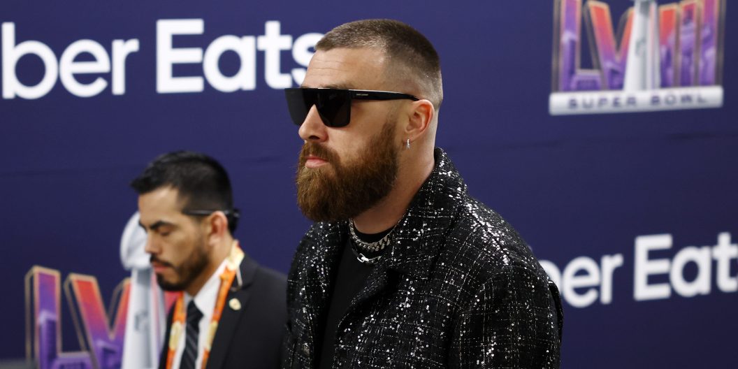 LAS VEGAS, NEVADA - FEBRUARY 11: Travis Kelce #87 of the Kansas City Chiefs arrives before Super Bowl LVIII at Allegiant Stadium on February 11, 2024 in Las Vegas, Nevada.