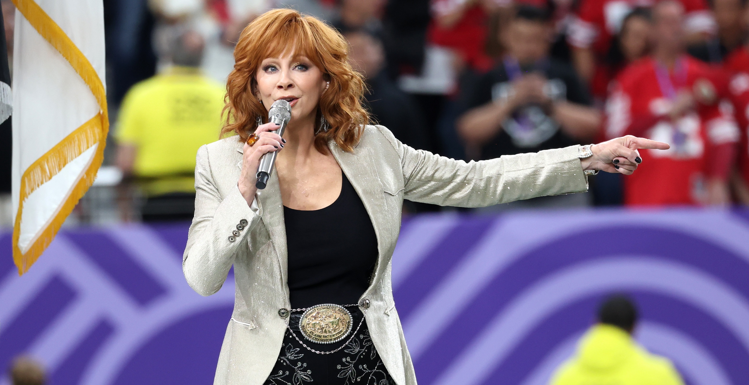 LAS VEGAS, NEVADA - FEBRUARY 11: Reba McEntire performs during the Super Bowl LVIII Pregame at Allegiant Stadium on February 11, 2024 in Las Vegas, Nevada.
