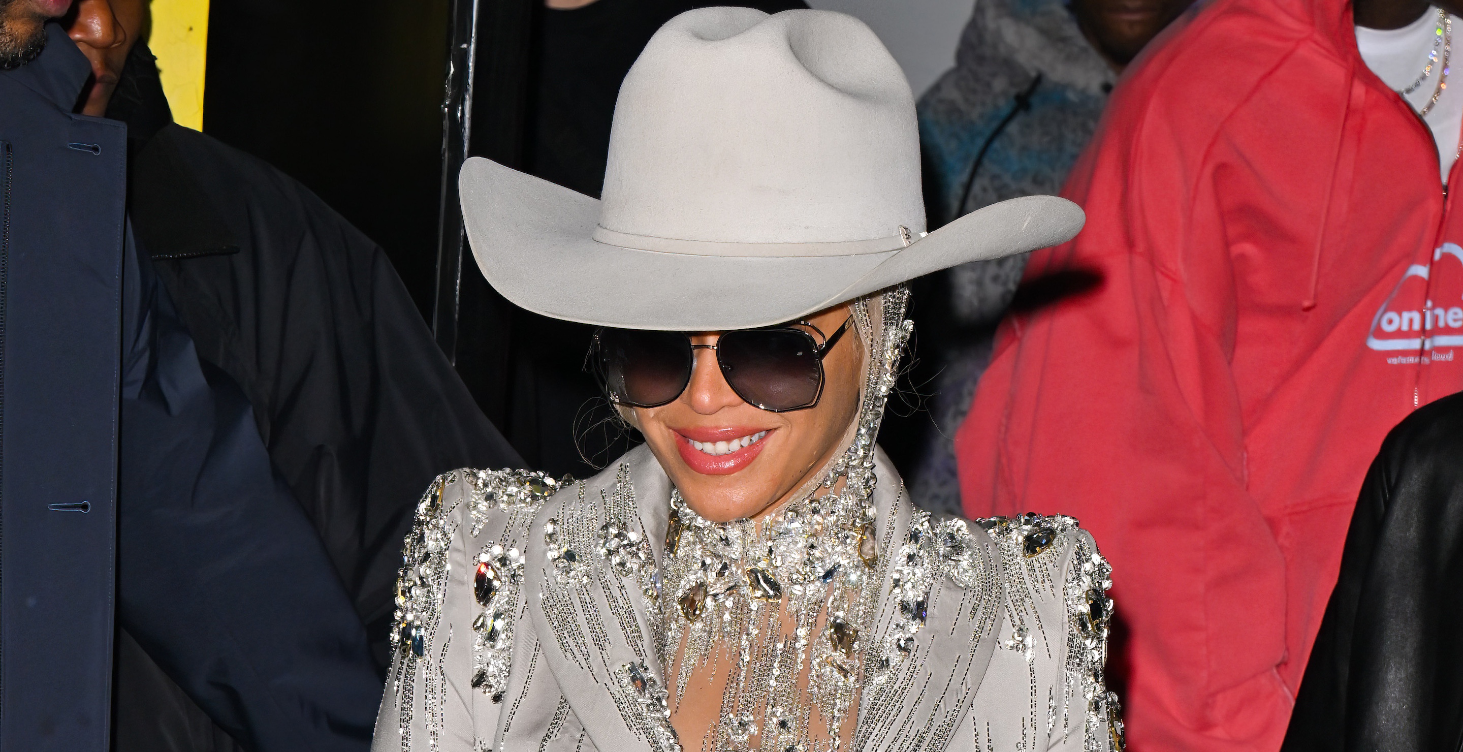 NEW YORK, NEW YORK - FEBRUARY 13: Beyonce leaves the Luar fashion show at 154 Scott in Brooklyn during New York Fashion Week on February 13, 2024 in New York City.