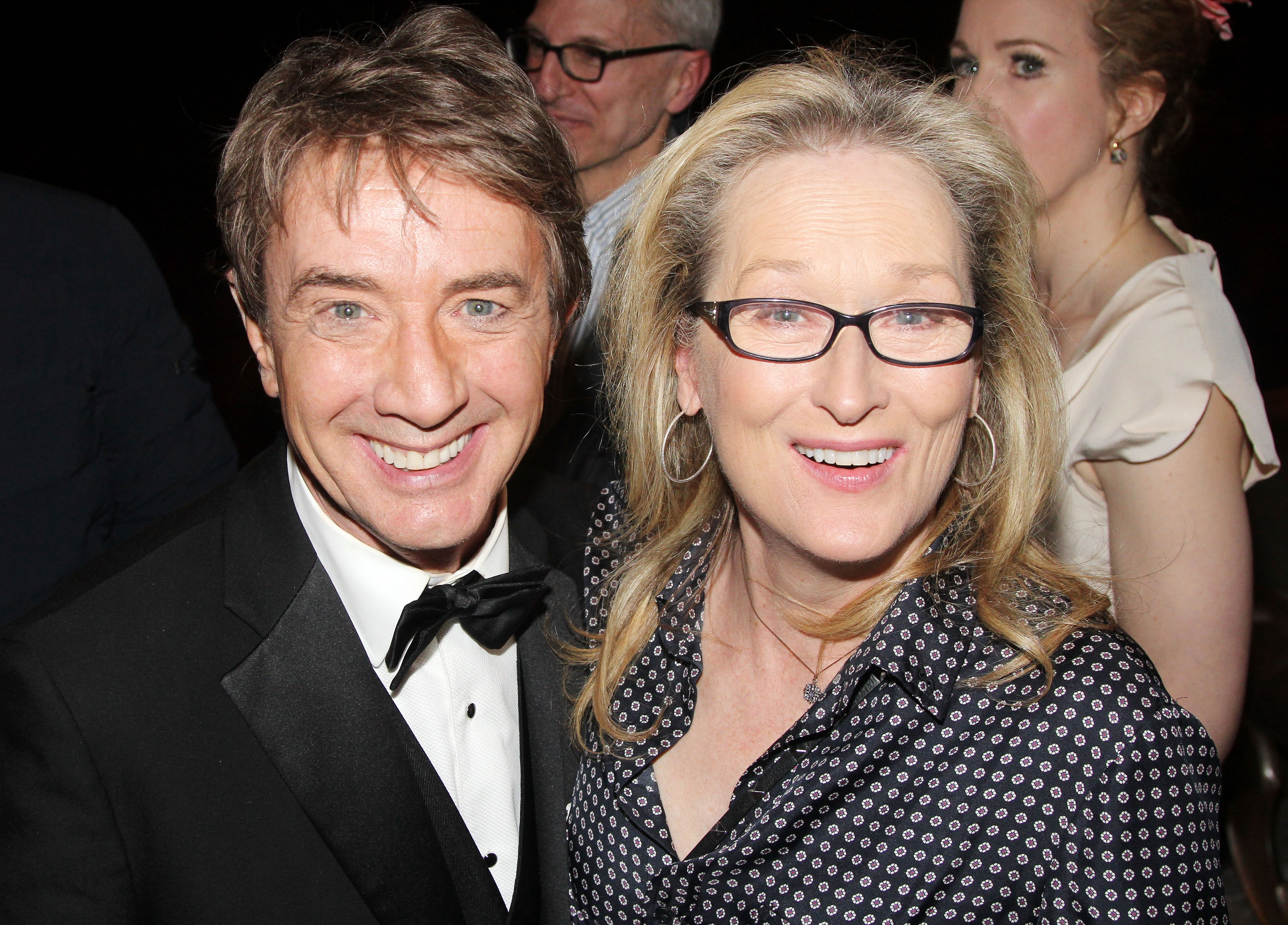 NEW YORK, NY - FEBRUARY 03: (EXCLUSIVE COVERAGE) Martin Short and Meryl Streep pose backstage at the hit play "It's Only a Play" on Broadway at The Jacobs Theater on February 3, 2015 in New York City. 