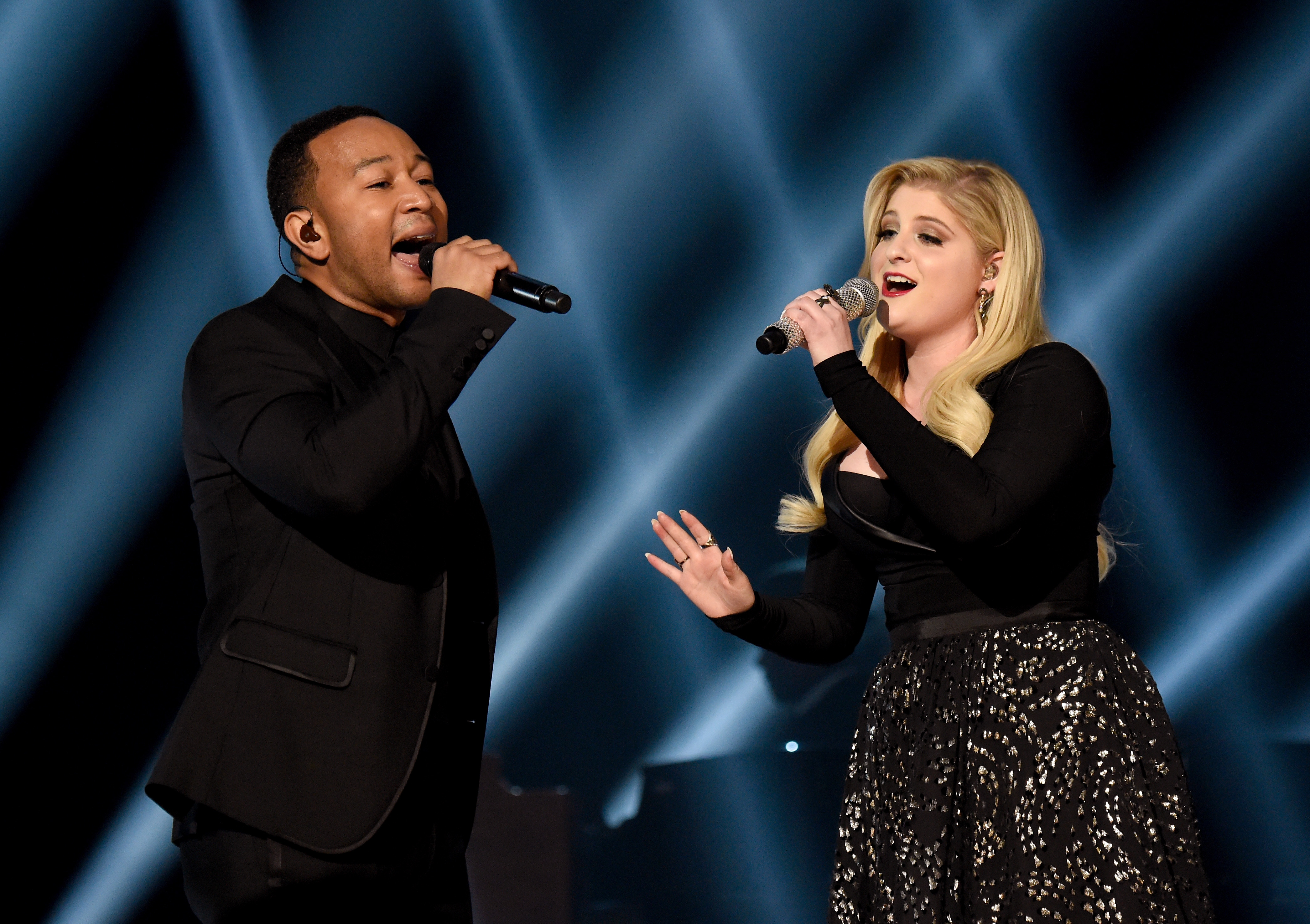 LAS VEGAS, NV - MAY 17: Recording artists John Legend (L) and Meghan Trainor perform onstage during the 2015 Billboard Music Awards at MGM Grand Garden Arena on May 17, 2015 in Las Vegas, Nevada. 