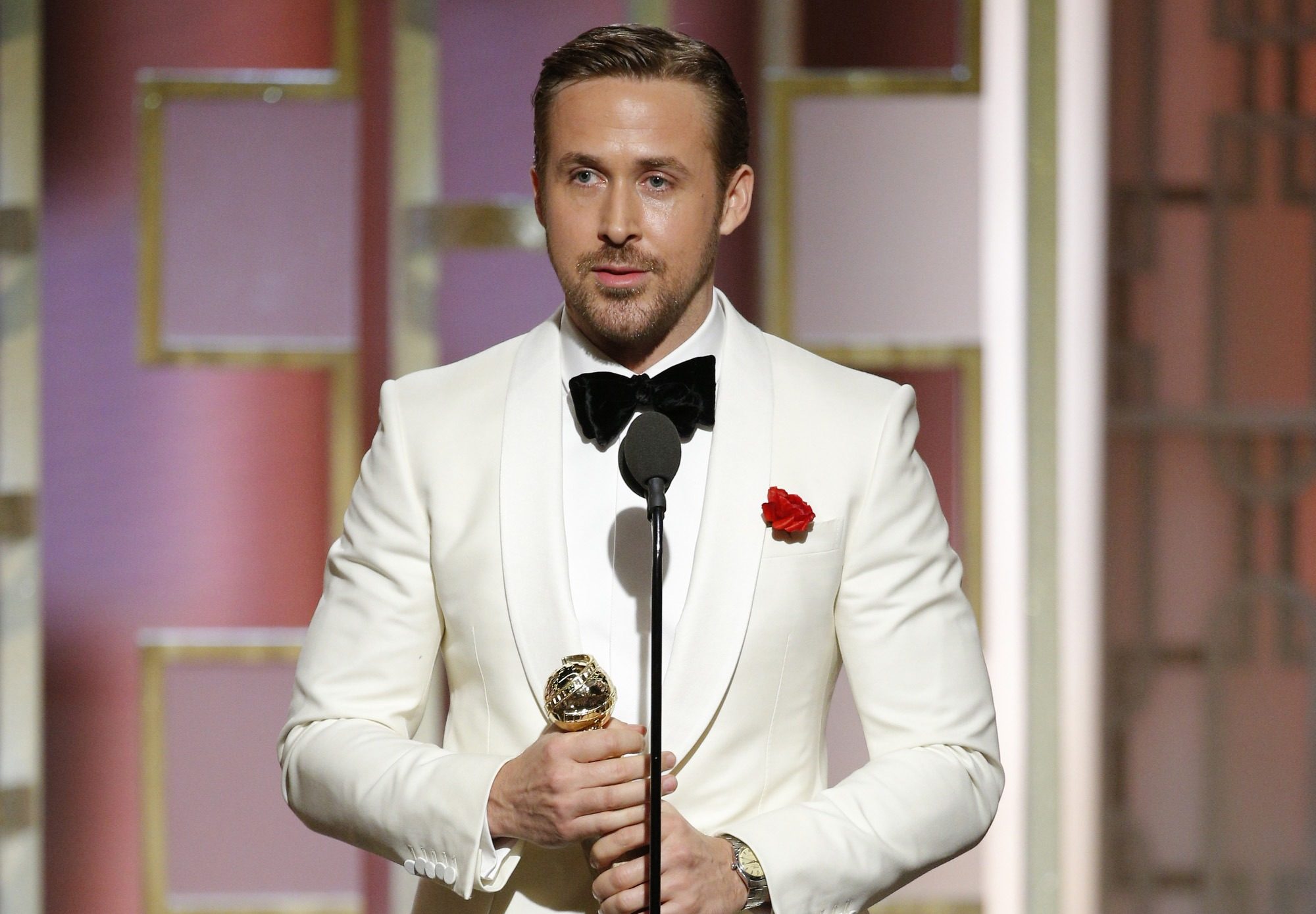 BEVERLY HILLS, CA - JANUARY 08: In this handout photo provided by NBCUniversal, Ryan Gosling accepts the award for Best Actor in a Motion Picture - Musical or Comedy for his role in "La La Land" during the 74th Annual Golden Globe Awards at The Beverly Hilton Hotel on January 8, 2017 in Beverly Hills, California.