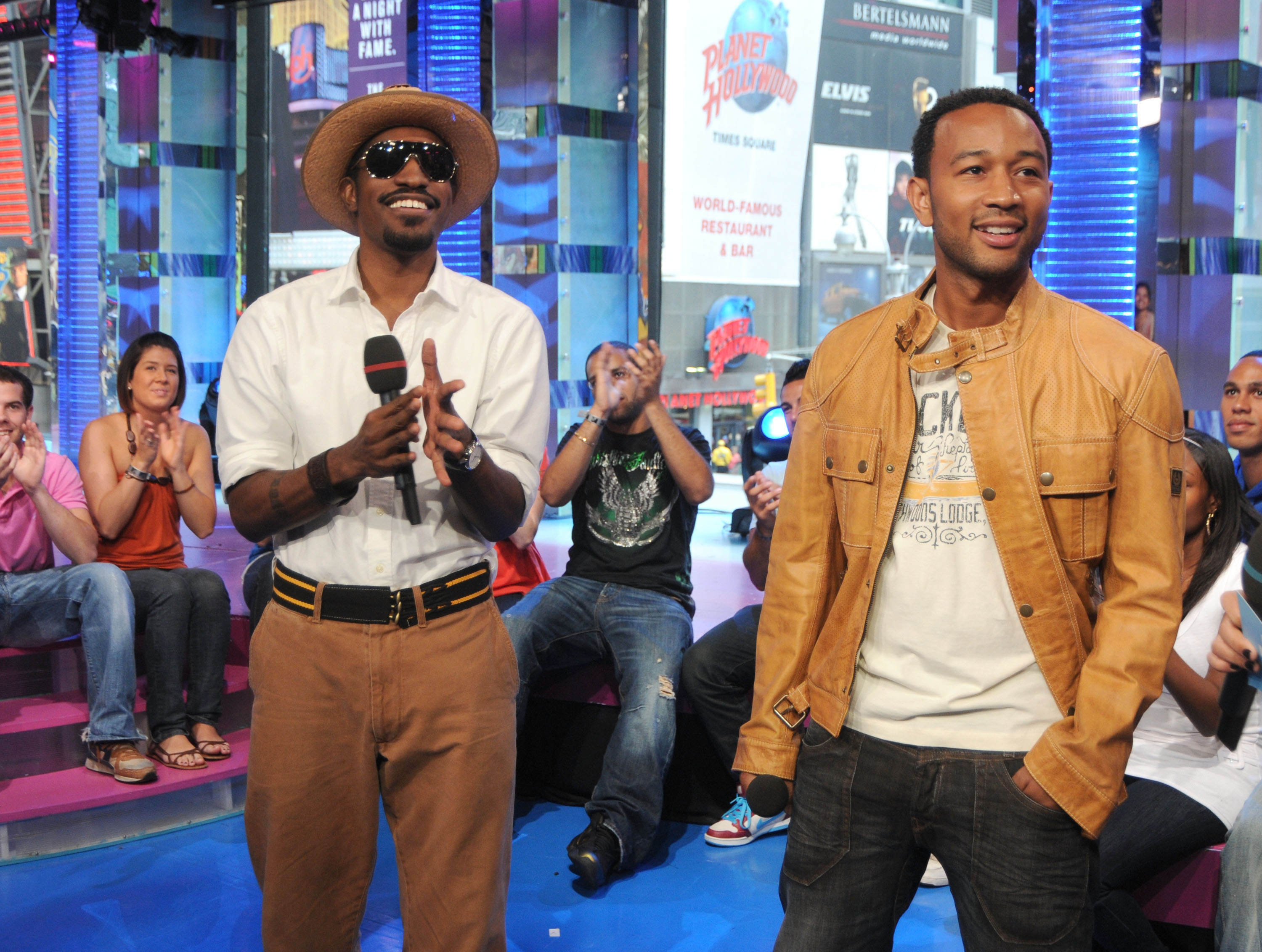 NEW YORK - SEPTEMBER 03: Actor and singer Andre Benjamin and singer John Legend visits MTV's "TRL" at the MTV studios in Times Square on September 3, 2008 in New York City. 