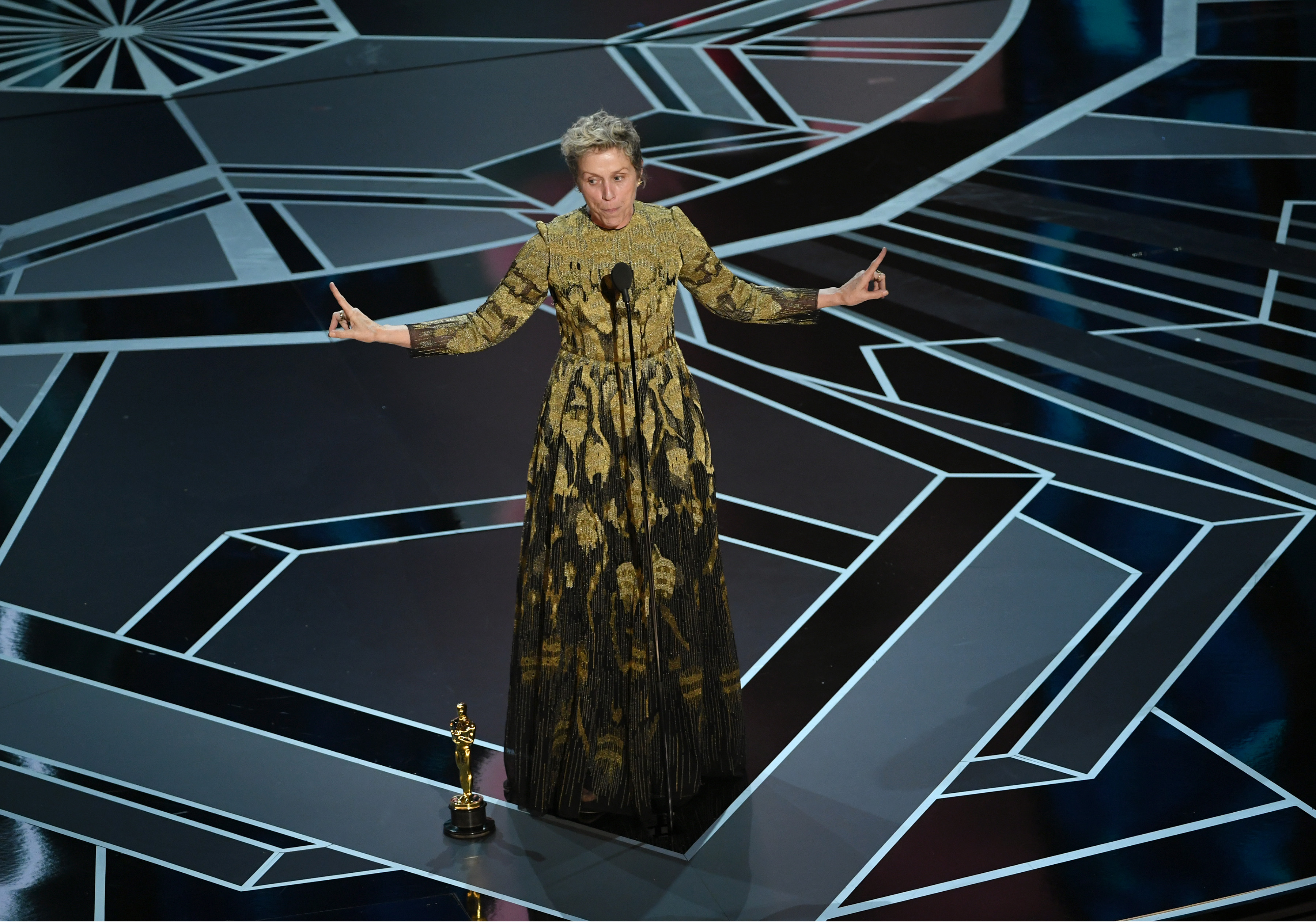 HOLLYWOOD, CA - MARCH 04: Actor Frances McDormand accepts Best Actress for 'Three Billboards Outside Ebbing, Missouri' onstage during the 90th Annual Academy Awards at the Dolby Theatre at Hollywood & Highland Center on March 4, 2018 in Hollywood, California. 