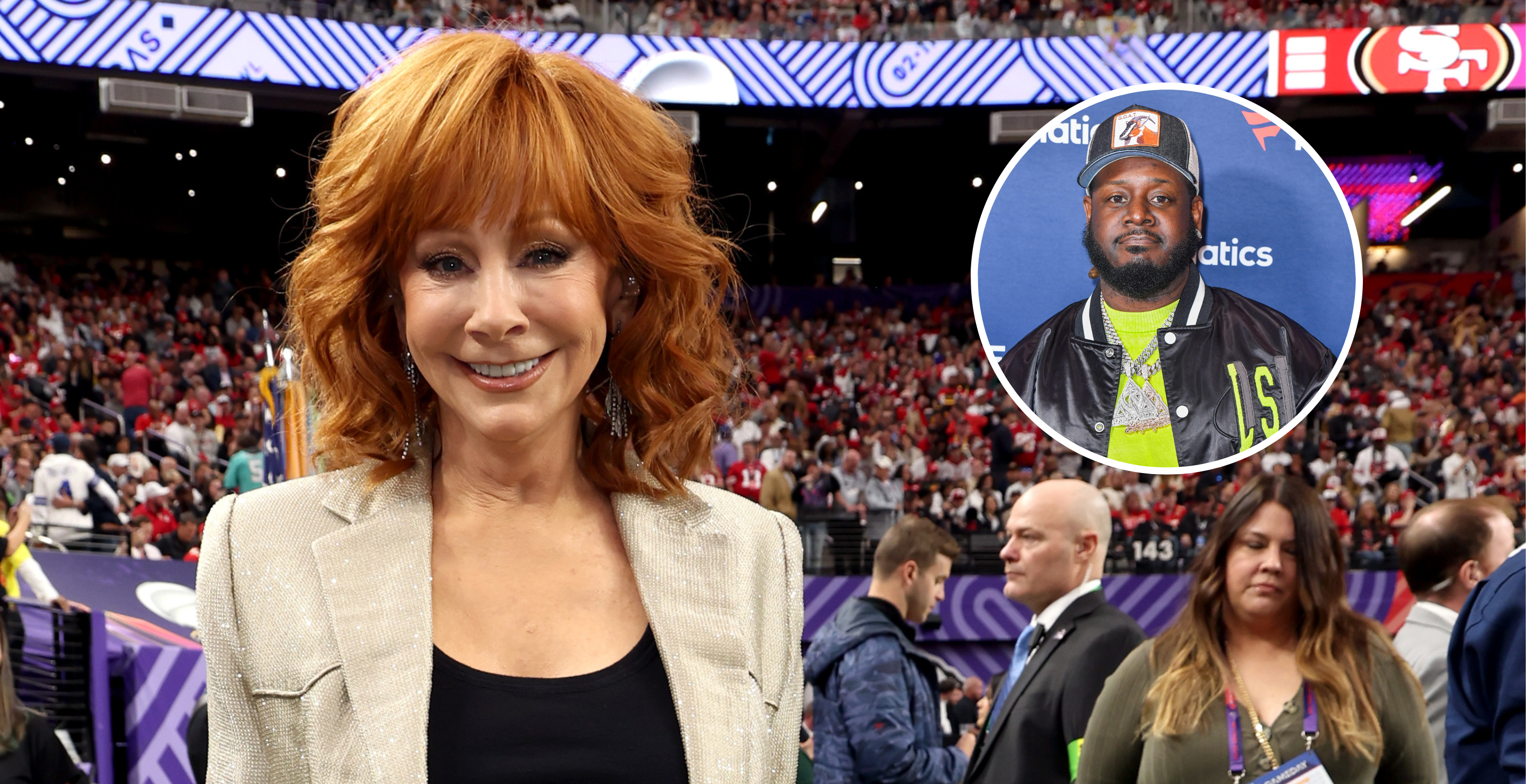 LAS VEGAS, NEVADA - FEBRUARY 11: Reba McEntire attends the Super Bowl LVIII Pregame at Allegiant Stadium on February 11, 2024 in Las Vegas, Nevada and LAS VEGAS, NEVADA - FEBRUARY 10: T-Pain attends Michael Rubin's Fanatics Super Bowl party at the Marquee Nightclub at The Cosmopolitan of Las Vegas on February 10, 2024 in Las Vegas, Nevada.