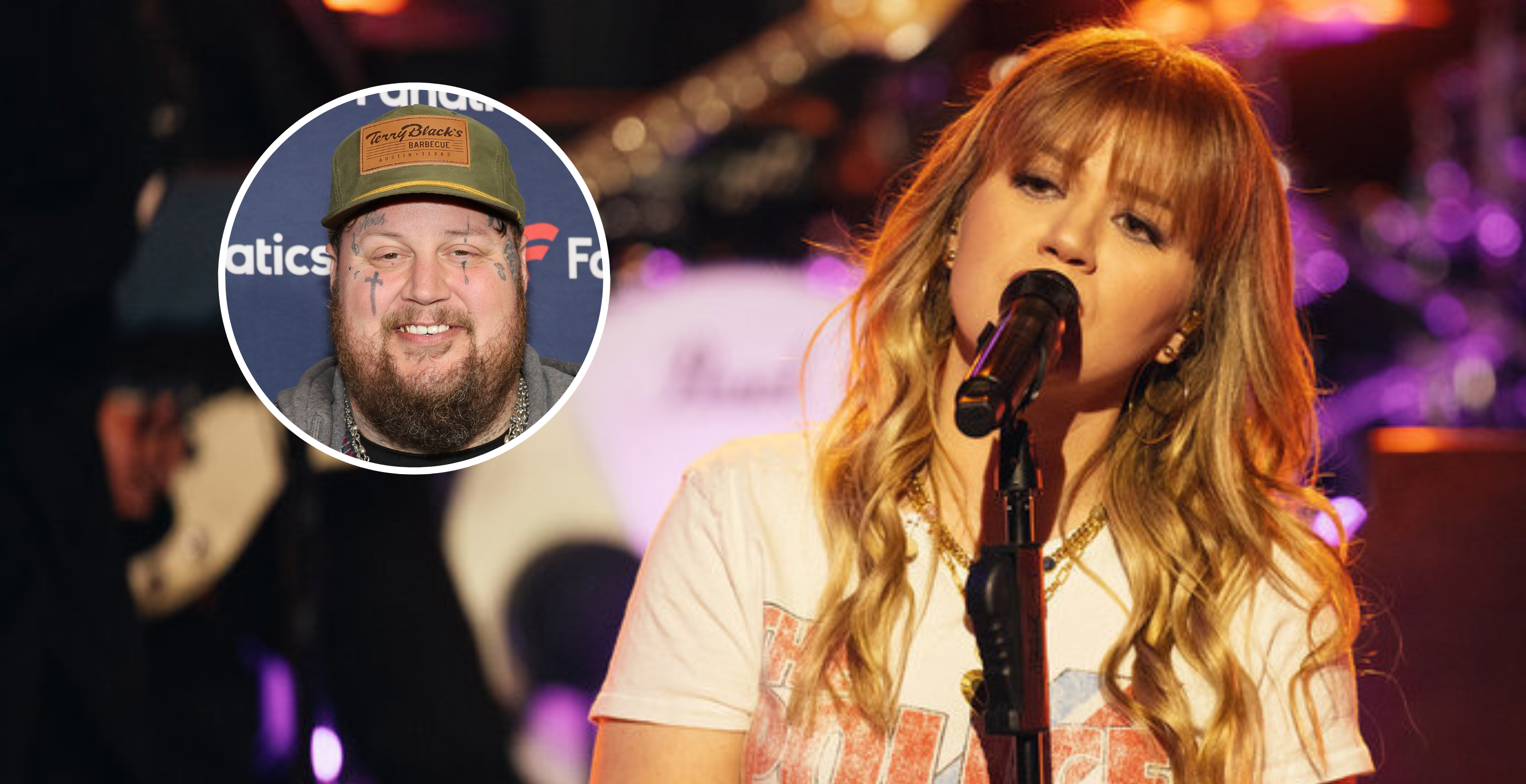 Kelly Clarkson Show press shot and LAS VEGAS, NEVADA - FEBRUARY 10: Jelly Roll attends Michael Rubin's Fanatics Super Bowl party at the Marquee Nightclub at The Cosmopolitan of Las Vegas on February 10, 2024 in Las Vegas, Nevada.