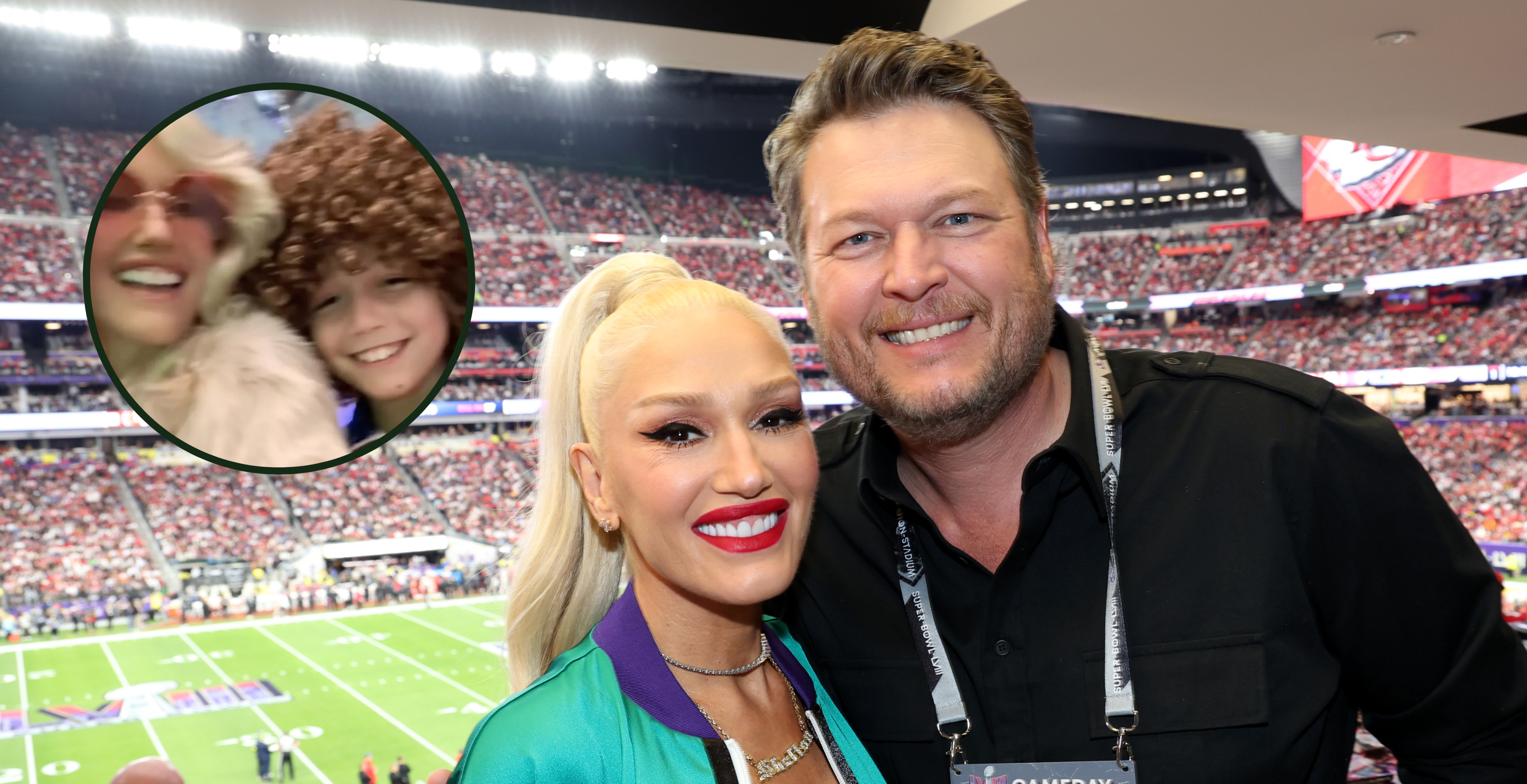 LAS VEGAS, NEVADA - FEBRUARY 11: (L-R) Gwen Stefani and Blake Shelton attend the Super Bowl LVIII Pregame at Allegiant Stadium on February 11, 2024 in Las Vegas, Nevada and screengrab via Stefani's Instagram.