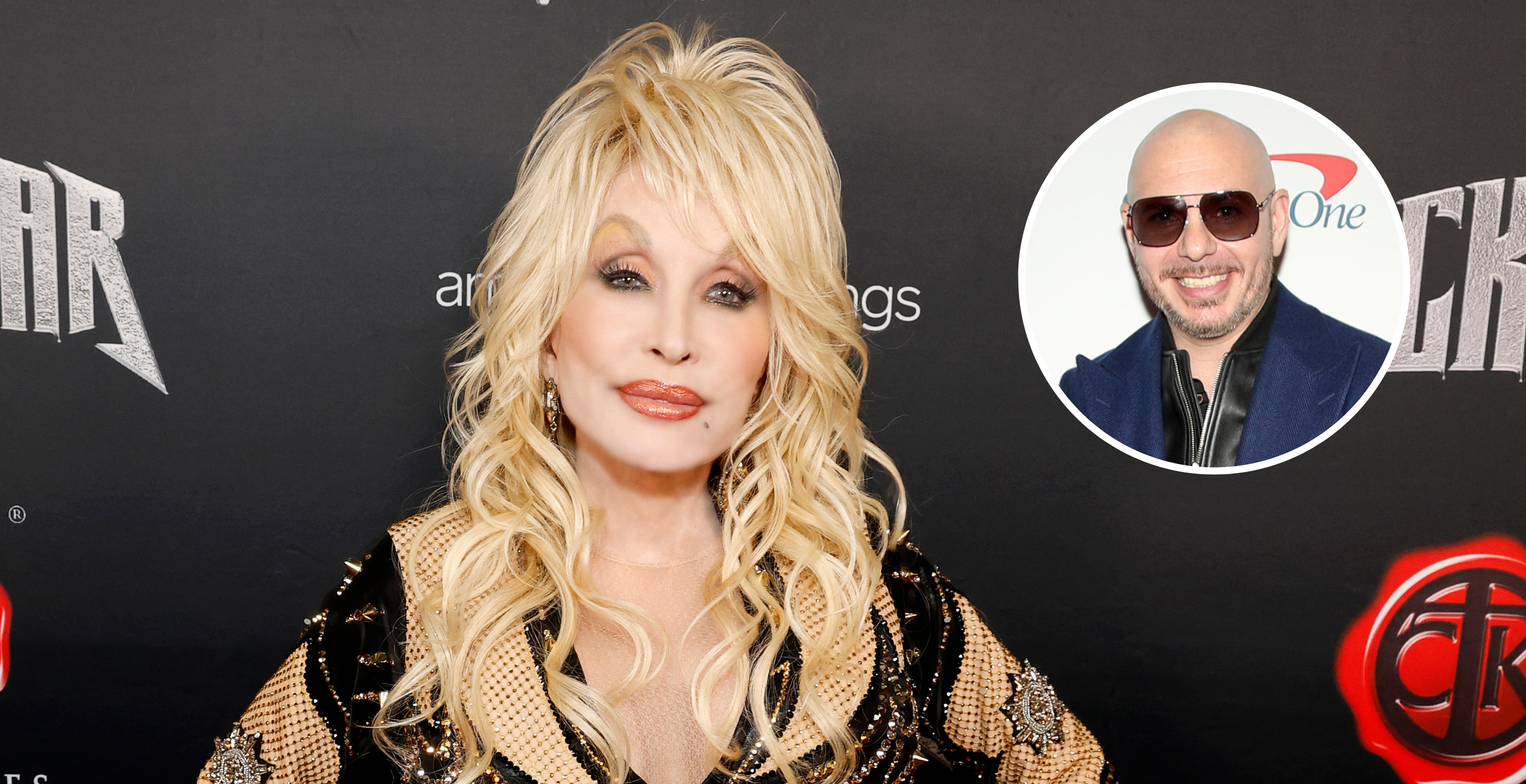 NASHVILLE, TENNESSEE - NOVEMBER 16: (EDITORS NOTE: This image has been retouched.) Dolly Parton attends Dolly Parton's Rockstar VIP Album Release Party with American Greetings on November 16, 2023 in Nashville, Tennessee and ST PAUL, MINNESOTA - DECEMBER 06: Pitbull attends iHeartRadio 101.3 KDWB's Jingle Ball 2021 Presented by Capital One at Xcel Energy Center on December 6, 2021 in St. Paul/Minneapolis, Minn.
