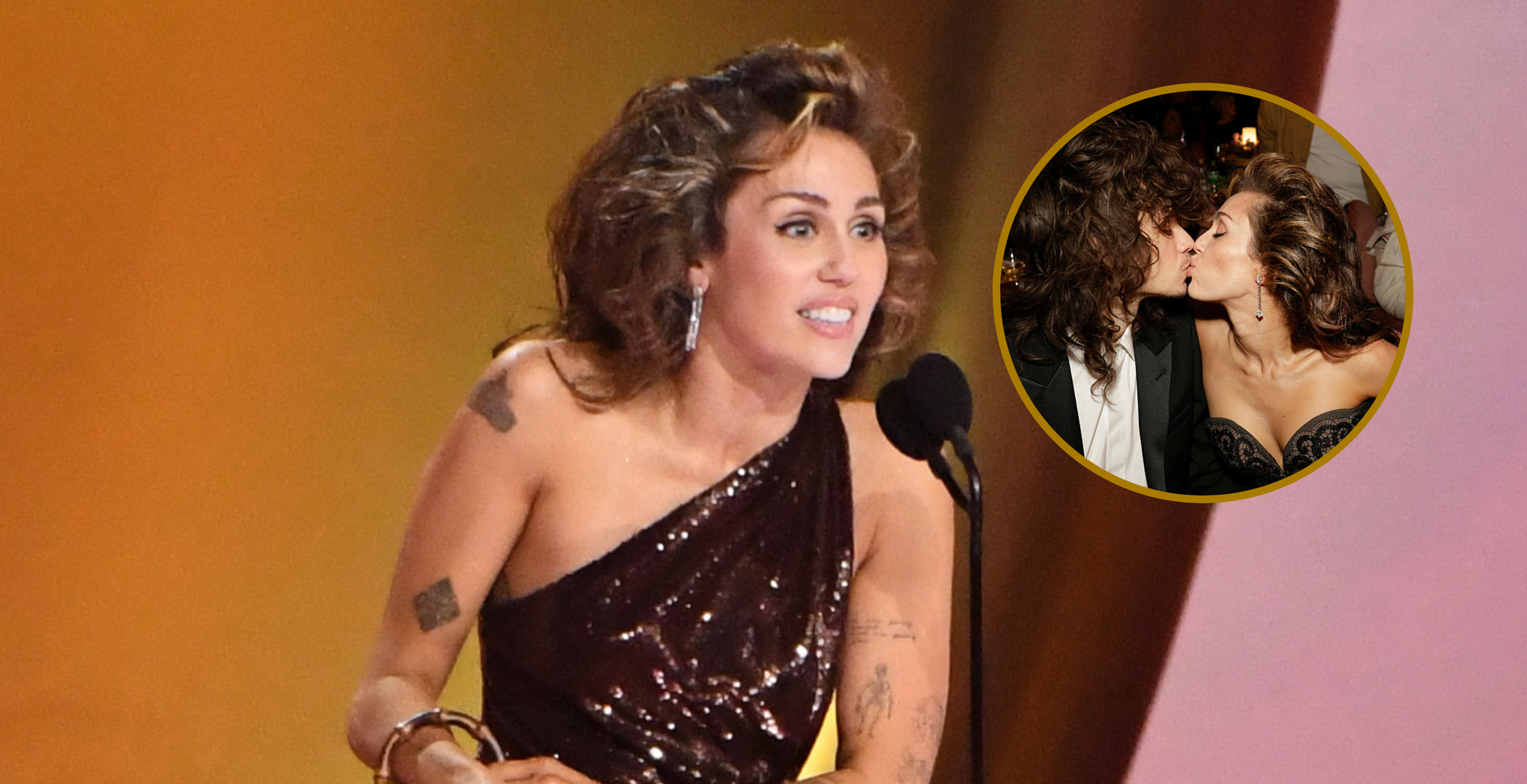 Miley Cyrus accepts the "Record Of The Year" award for "Flowers" onstage during the 66th GRAMMY Awards at Crypto.com Arena on February 04, 2024 in Los Angeles, California. / Miley Cyrus shares a kiss with boyfriend Maxx Morando