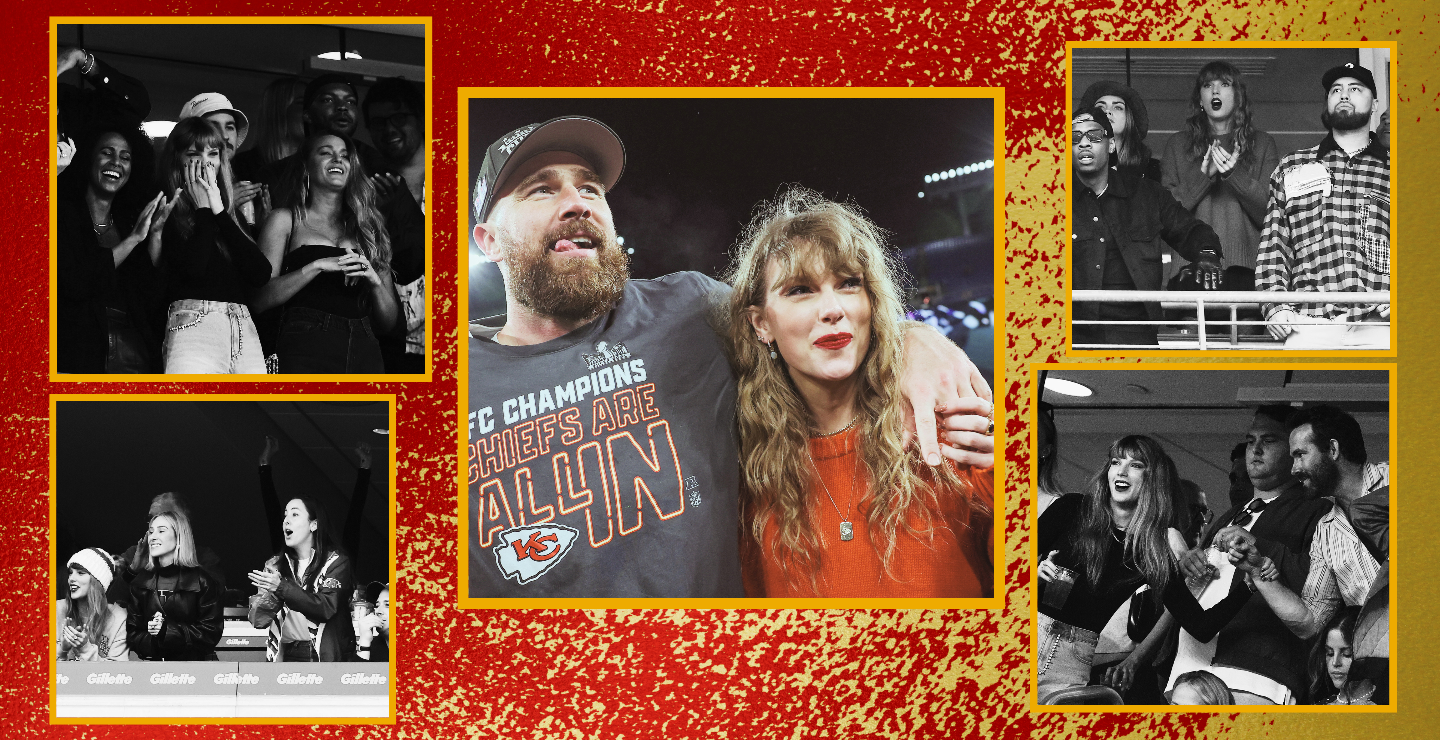 Clockwise: Taylor Swift with Blake Lively, Taylor Swift with Cara Delevingne, Taylor Swift with Ryan Reynolds, Taylor Swift with Alana Haim, Center: Taylor Swift and Travis Kelce