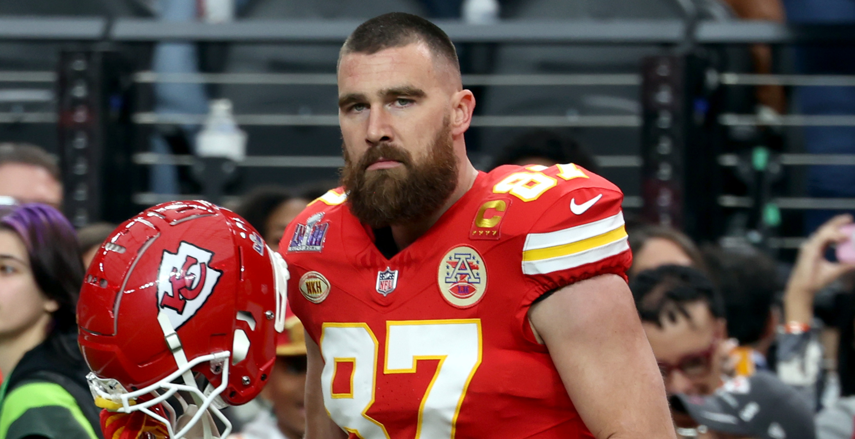Travis Kelce attends the Super Bowl LVIII Pregame at Allegiant Stadium on February 11, 2024 in Las Vegas, Nevada.