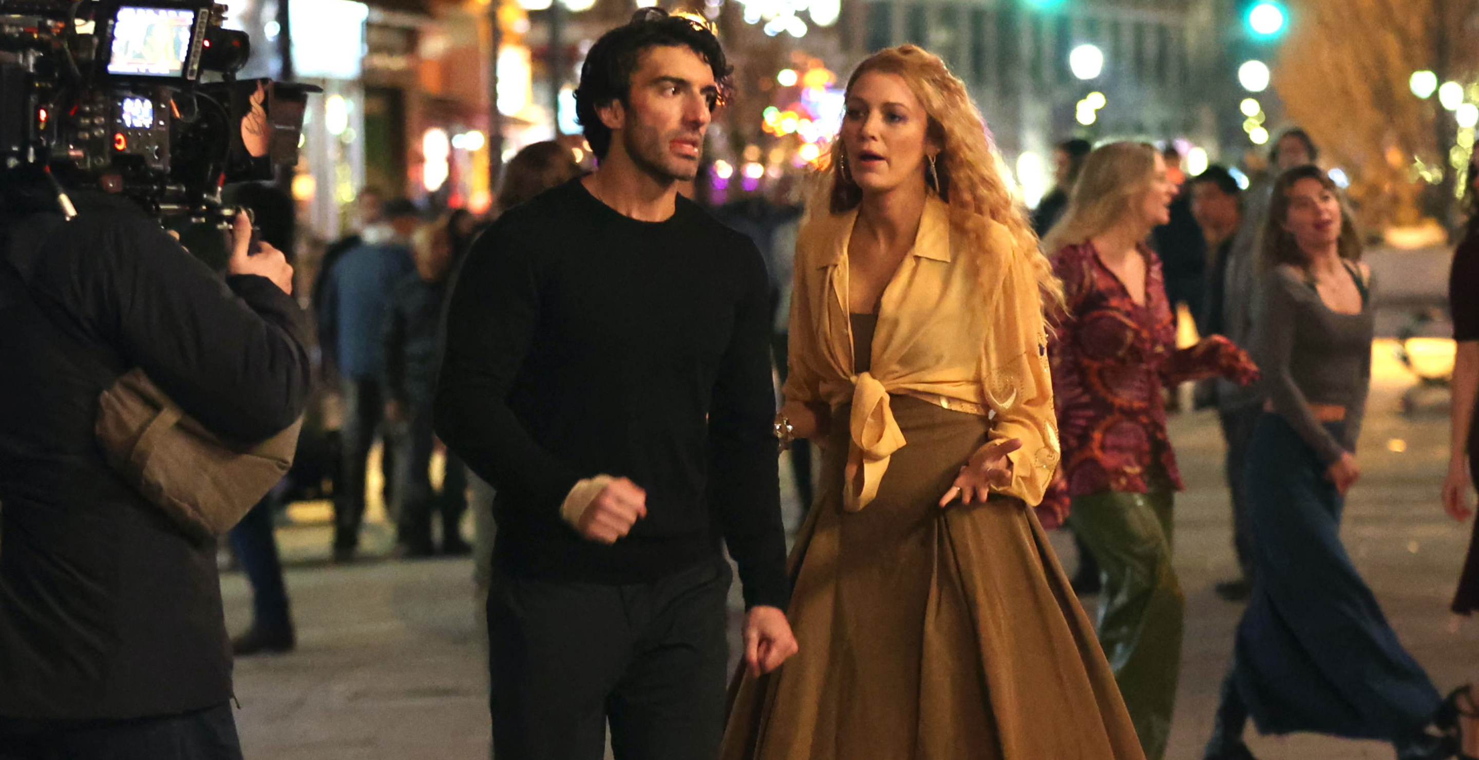 Justin Baldoni and Blake Lively are seen on the set of 'It Ends with Us' on January 12, 2024 in Jersey City, New Jersey.