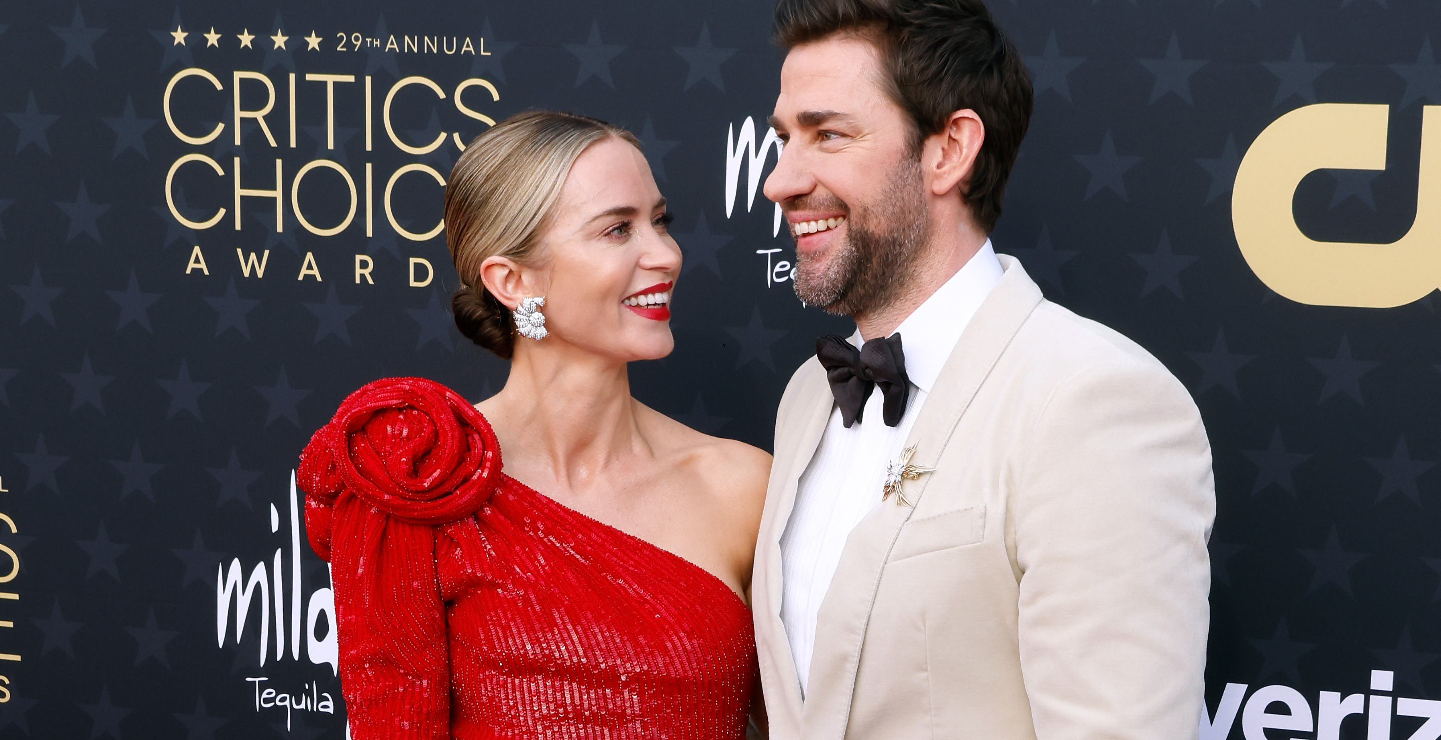 Emily Blunt and John Krasinski attend the 29th Annual Critics Choice Awards at The Barker Hangar on January 14, 2024 in Santa Monica, California.