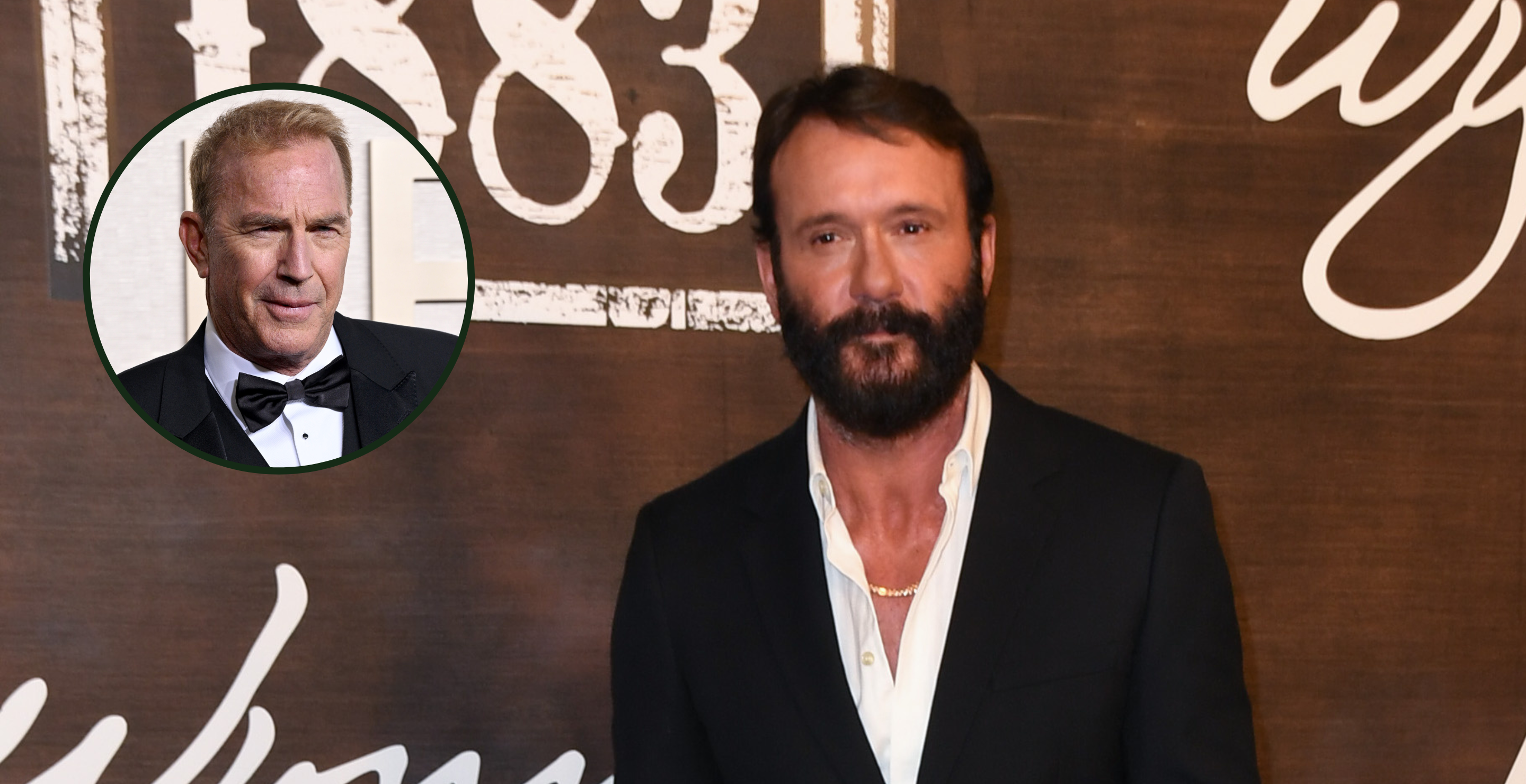 LAS VEGAS, NEVADA - DECEMBER 11: Tim McGraw attends the world premiere of "1883" at Encore Beach Club at Wynn Las Vegas on December 11, 2021 in Las Vegas, Nevada and BEVERLY HILLS, CALIFORNIA - JANUARY 7: Kevin Costner attends the 81st Annual Golden Globe Awards at the Beverly Hilton on January 7, 2024 in Beverly Hills, California.