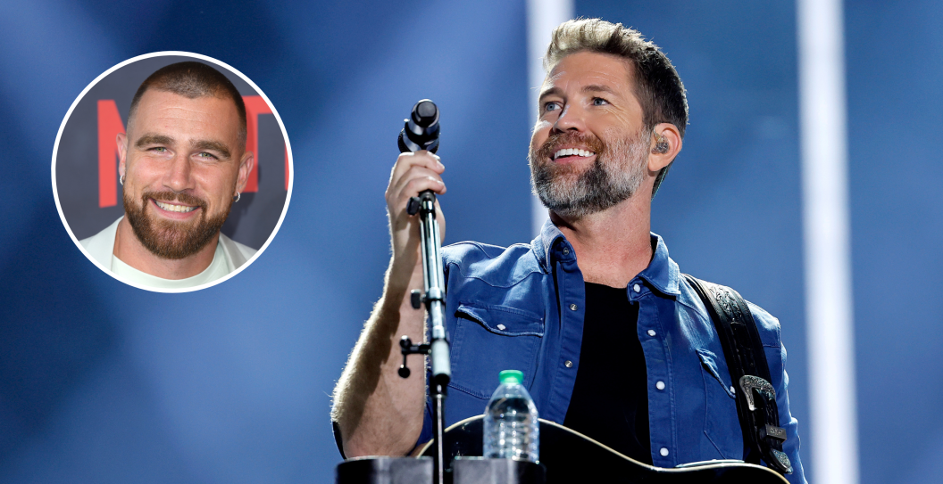 NASHVILLE, TENNESSEE - JUNE 11: Josh Turner performs on stage during day four of CMA Fest 2023 at Nissan Stadium on June 11, 2023 in Nashville, Tennessee and HOLLYWOOD, CALIFORNIA - JULY 11: Travis Kelce arrives at the Los Angeles Premiere Of Netflix's "Quarterback" at TUDUM Theater on July 11, 2023 in Hollywood, California.