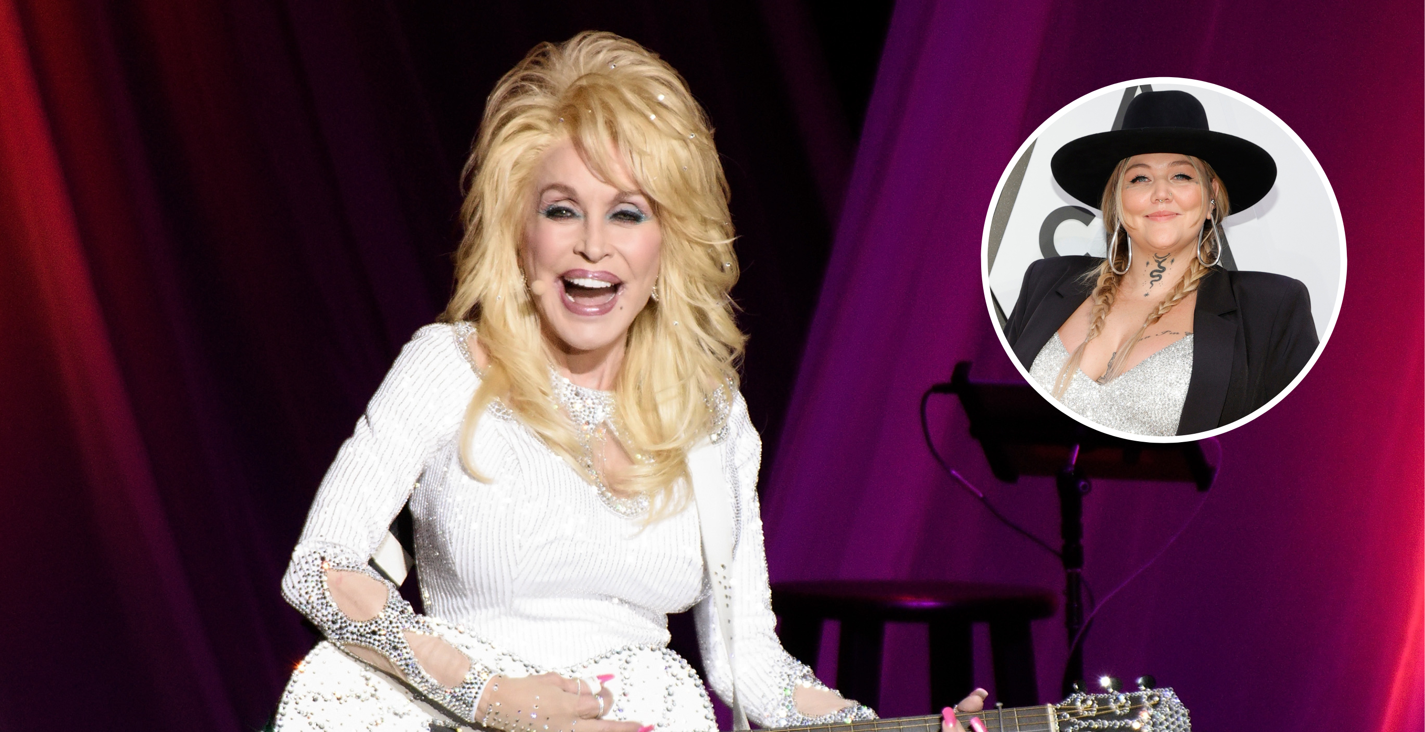 HIGHLAND PARK, IL - AUGUST 07: Dolly Parton performs during the Pure & Simple tour on August 7, 2016 in Chicago, Illinois and NASHVILLE, TENNESSEE - NOVEMBER 10: Elle King attends the 55th annual Country Music Association awards at the Bridgestone Arena on November 10, 2021 in Nashville, Tennessee.