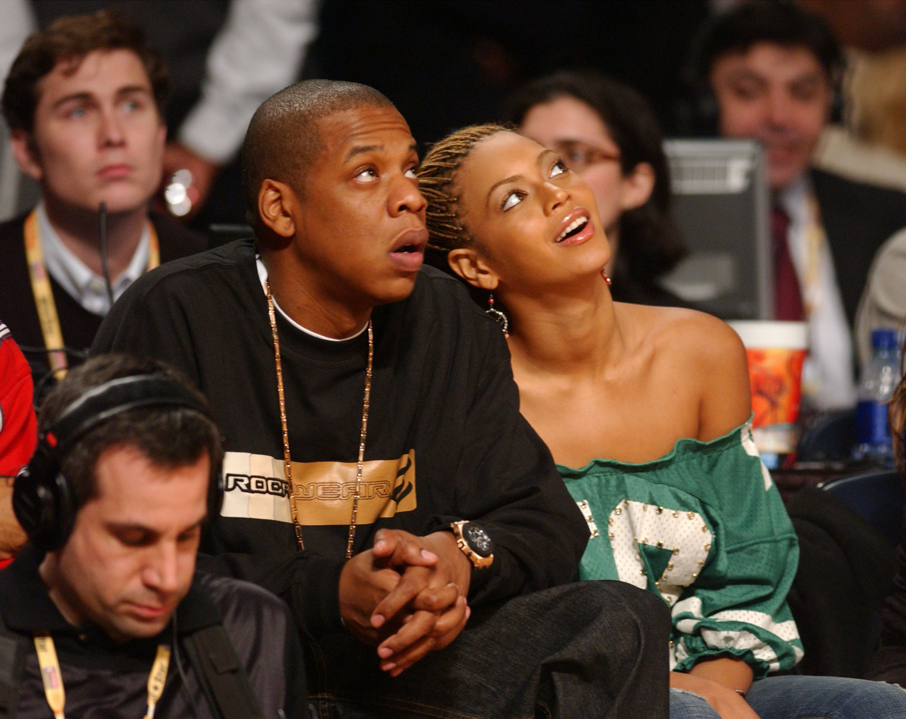 ATLANTA, GA - FEBRUARY 9: Rapper Jay-Z and singer Beyonce Knowles watch the action during the 2003 NBA All-Star game at the Phillips Arena February 9, 2003 in Atlanta, Georgia. 