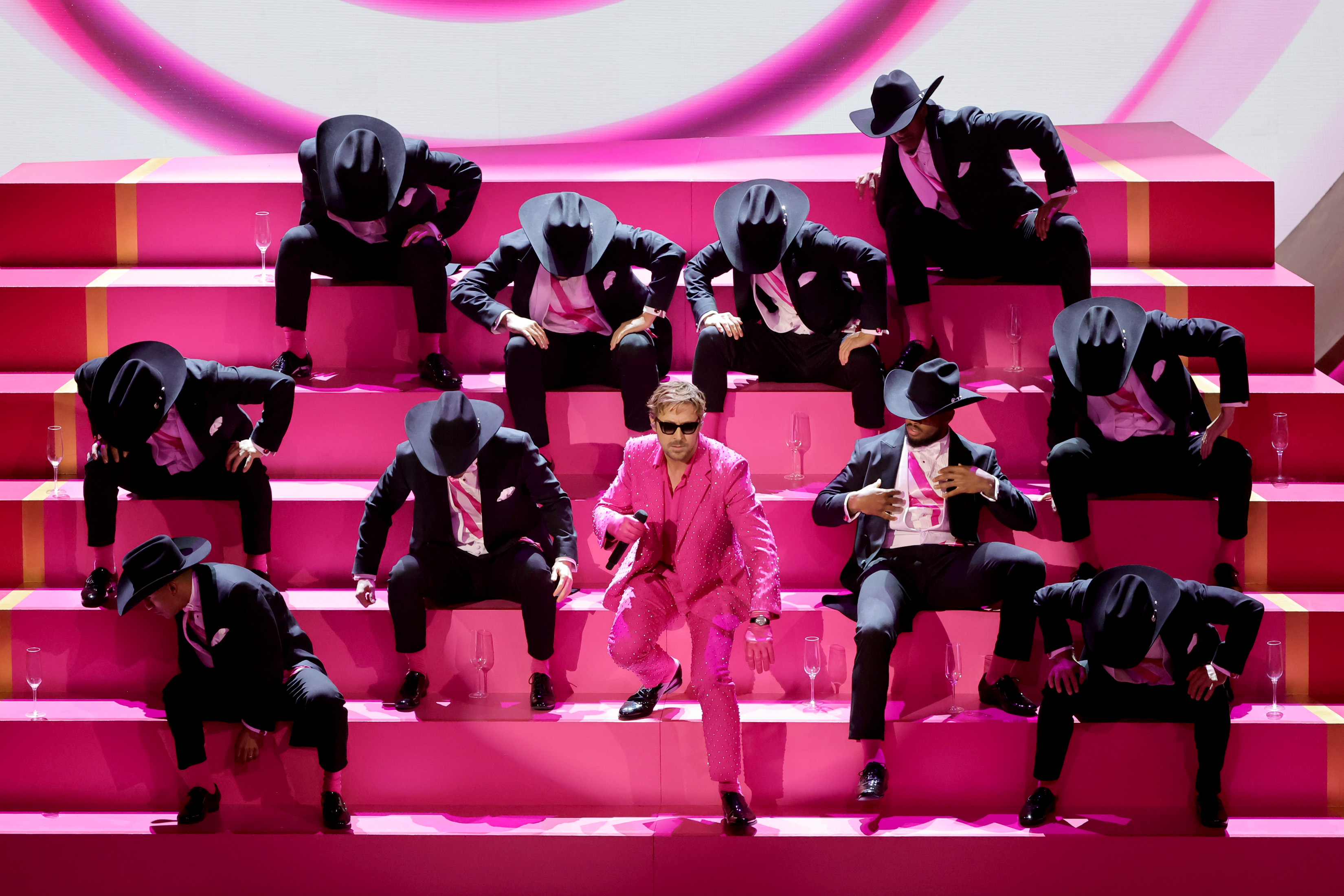 HOLLYWOOD, CALIFORNIA - MARCH 10: Ryan Gosling performs 'I'm Just Ken' from "Barbie" onstage during the 96th Annual Academy Awards at Dolby Theatre on March 10, 2024 in Hollywood, California. 