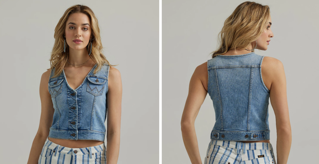 Screengrabs of a model wearing the Wrangler denim vest.
