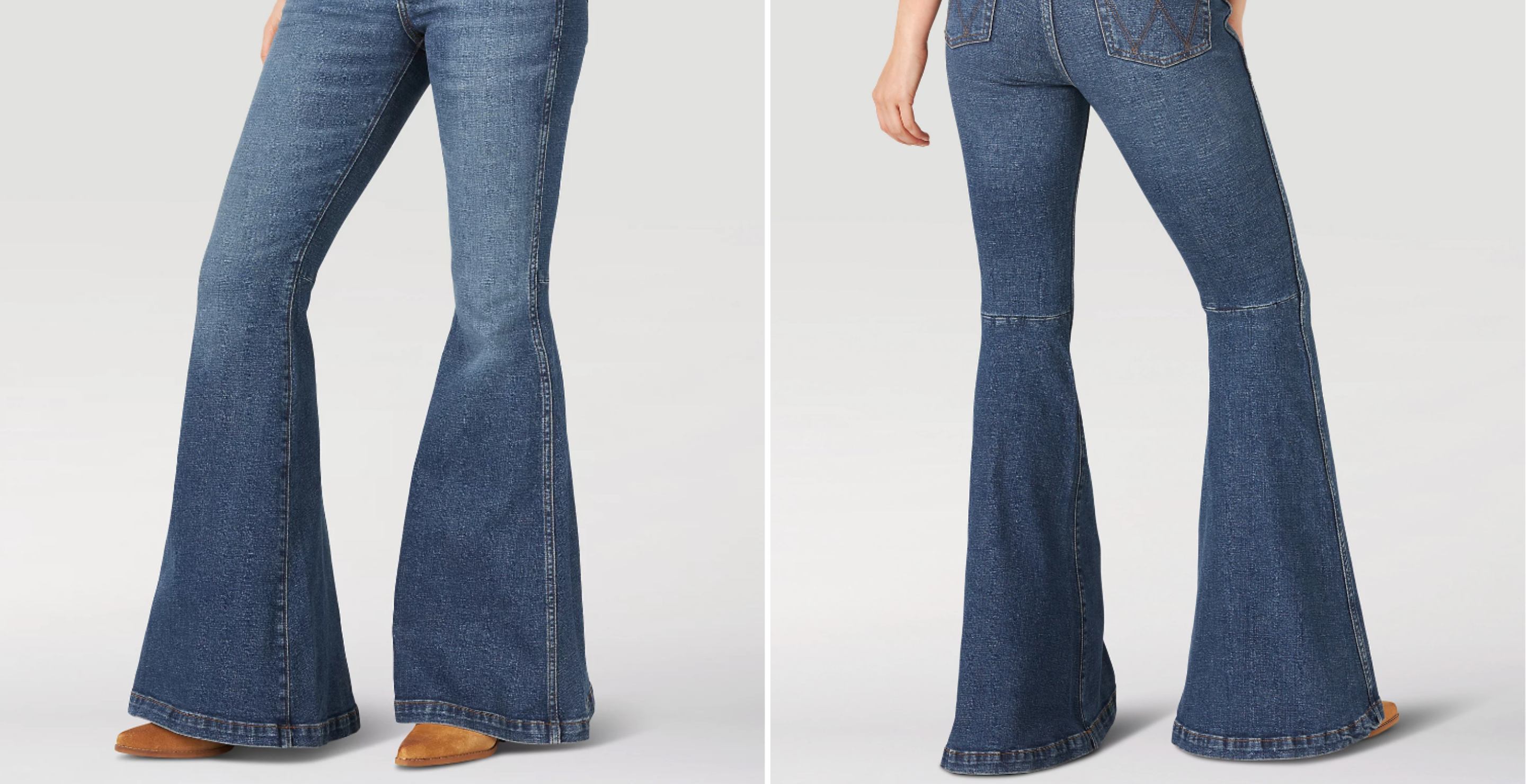 Screengrabs from Wrangler of Lainey Wilson's denim bell bottoms of choice.