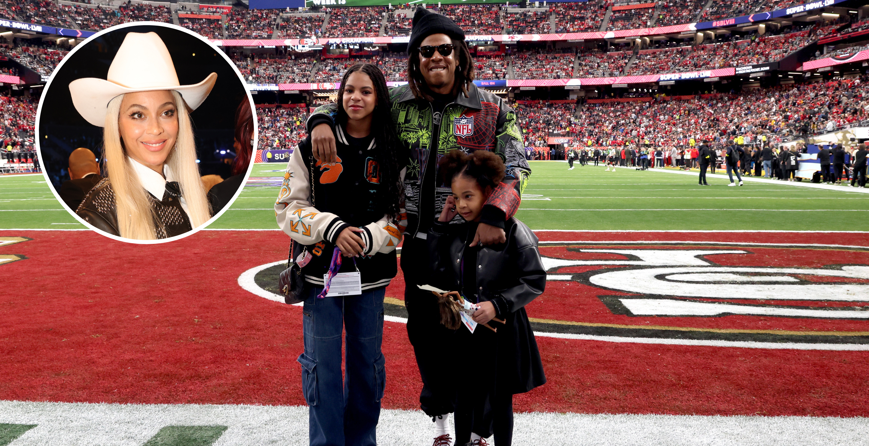 LAS VEGAS, NEVADA - FEBRUARY 11: (L-R) Blue Ivy Carter, Jay-Z and Rumi Carter attend the Super Bowl LVIII Pregame at Allegiant Stadium on February 11, 2024 in Las Vegas, Nevada and LOS ANGELES, CALIFORNIA - FEBRUARY 04: (L-R) Beyoncé and Dua Lipa attend the 66th GRAMMY Awards at Crypto.com Arena on February 04, 2024 in Los Angeles, California.