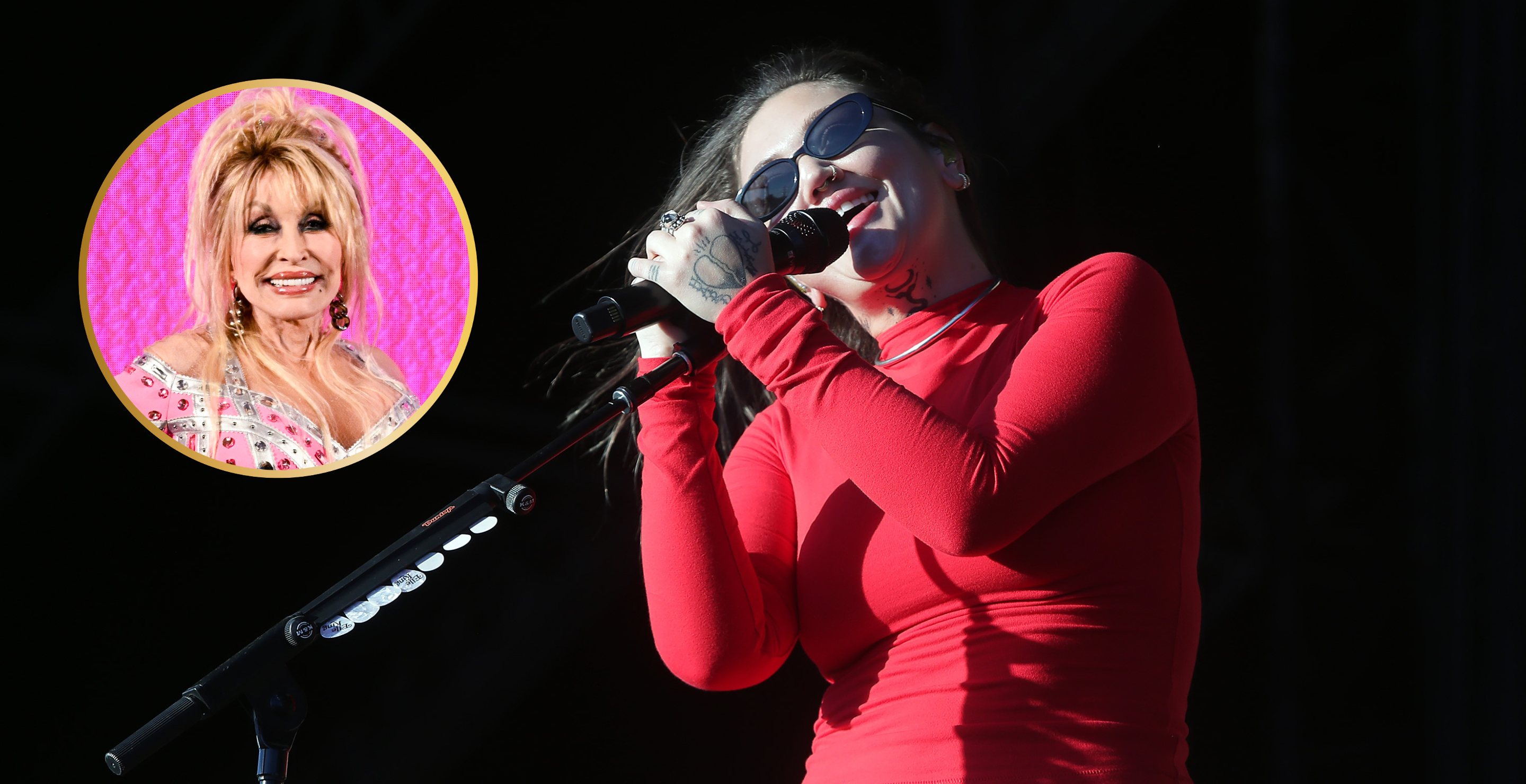 TEMPE, ARIZONA - MARCH 01: Elle King performs during the Extra Innings Festival at Tempe Beach & Arts Park on March 01, 2024 in Tempe, Arizona and LONDON, ENGLAND - JUNE 29: Dolly Parton attends the Dolly Parton "Rockstar" Album Press Conference at the Four Seasons Hotel on June 29, 2023 in London, England.