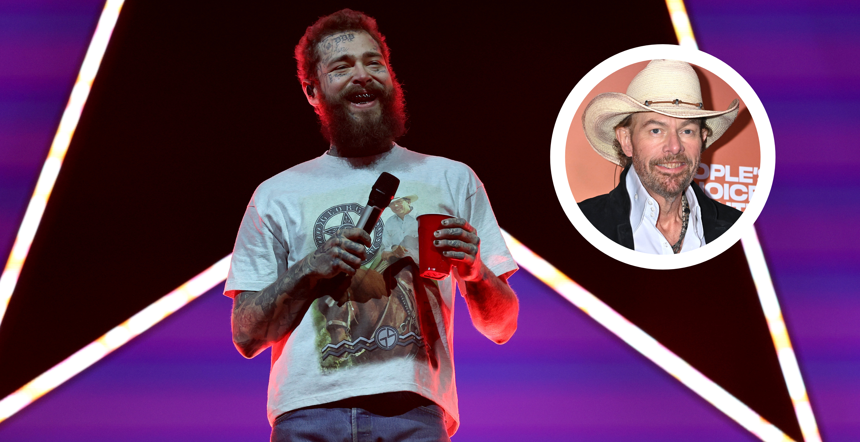 ARLINGTON, TEXAS - MARCH 09: Post Malone performs during The American Rodeo by Teton Ridge at Globe Life Field on March 09, 2024 in Arlington, Texas and Toby Keith at the 2023 People's Choice Country Awards held at The Grand Ole Opry House on September 28, 2023 in Nashville, Tennessee.