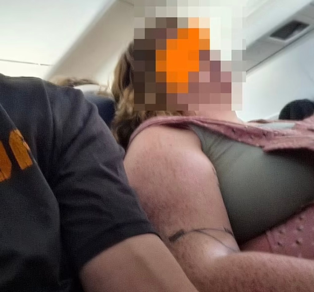 screenshot of a large woman taking up another passenger's seat on a plane