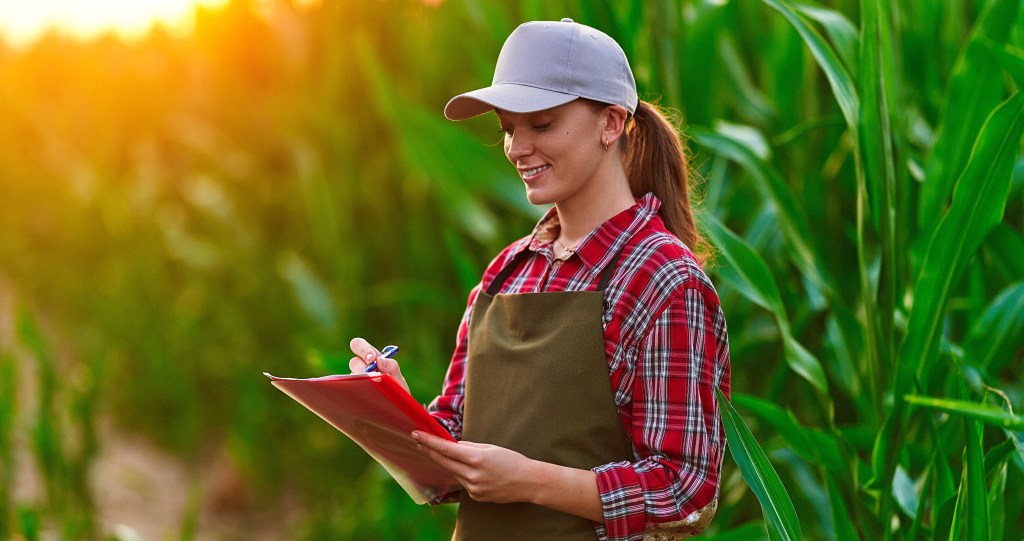 female farmer standing in corn field with clipboard
