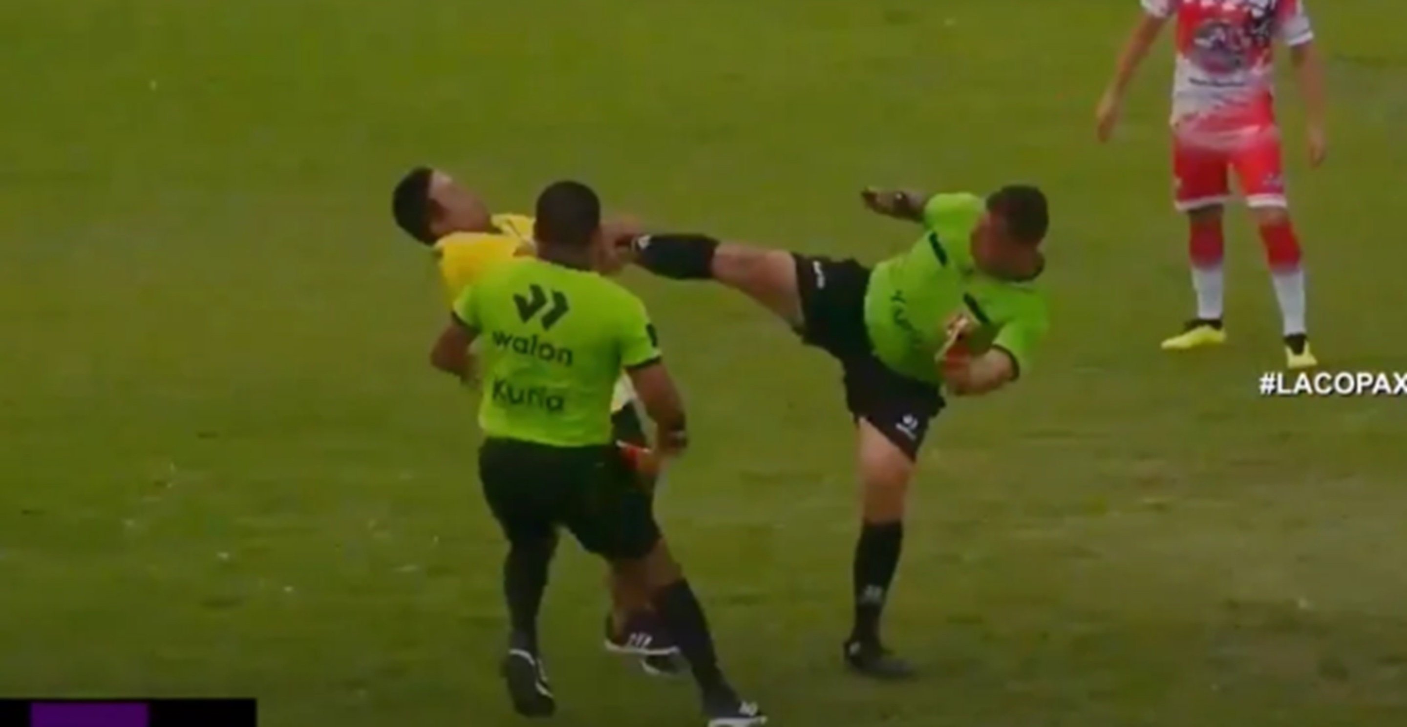 Soccer referee kicks coach