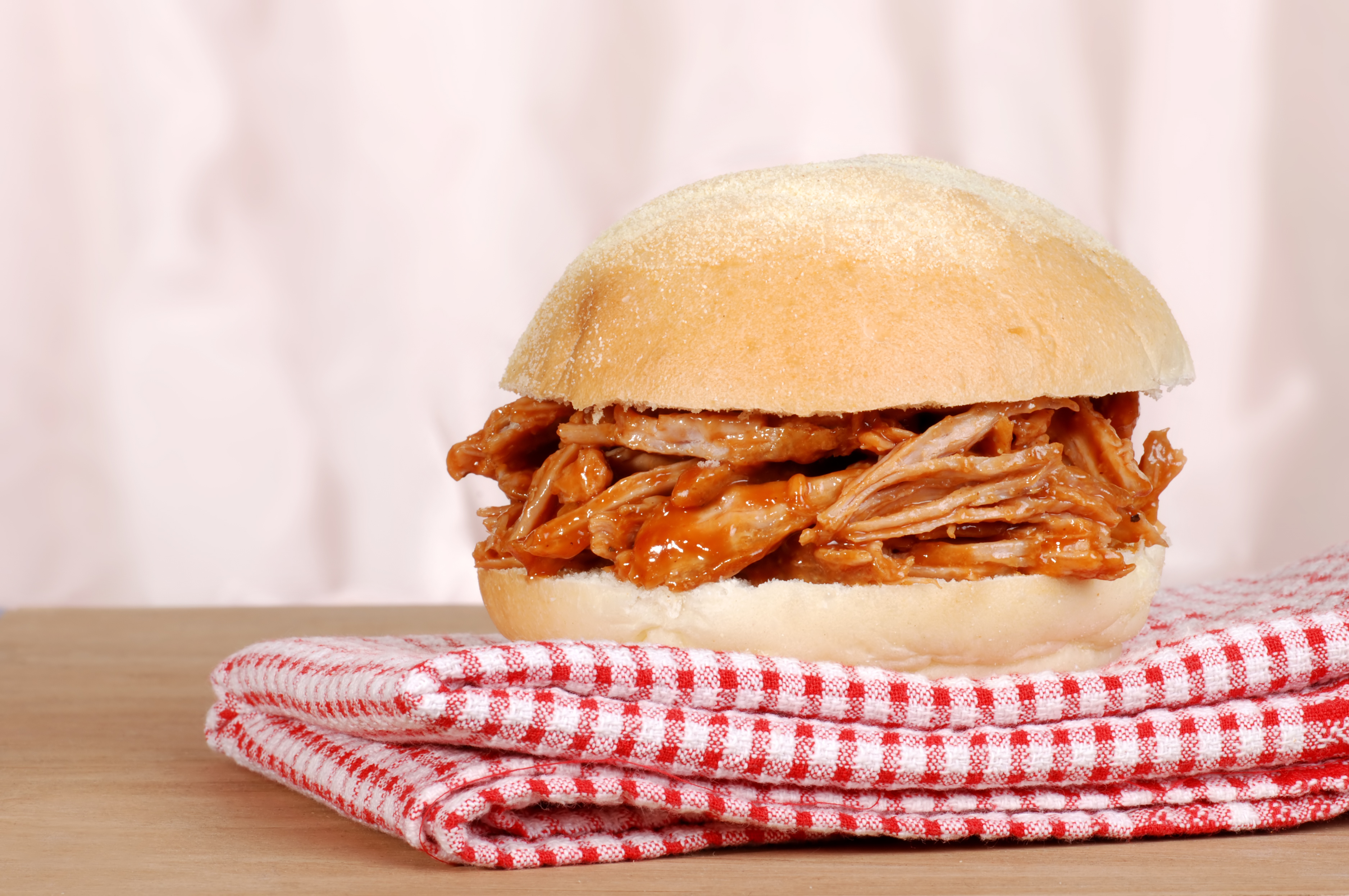 closeup barbecue pulled pork sandwich