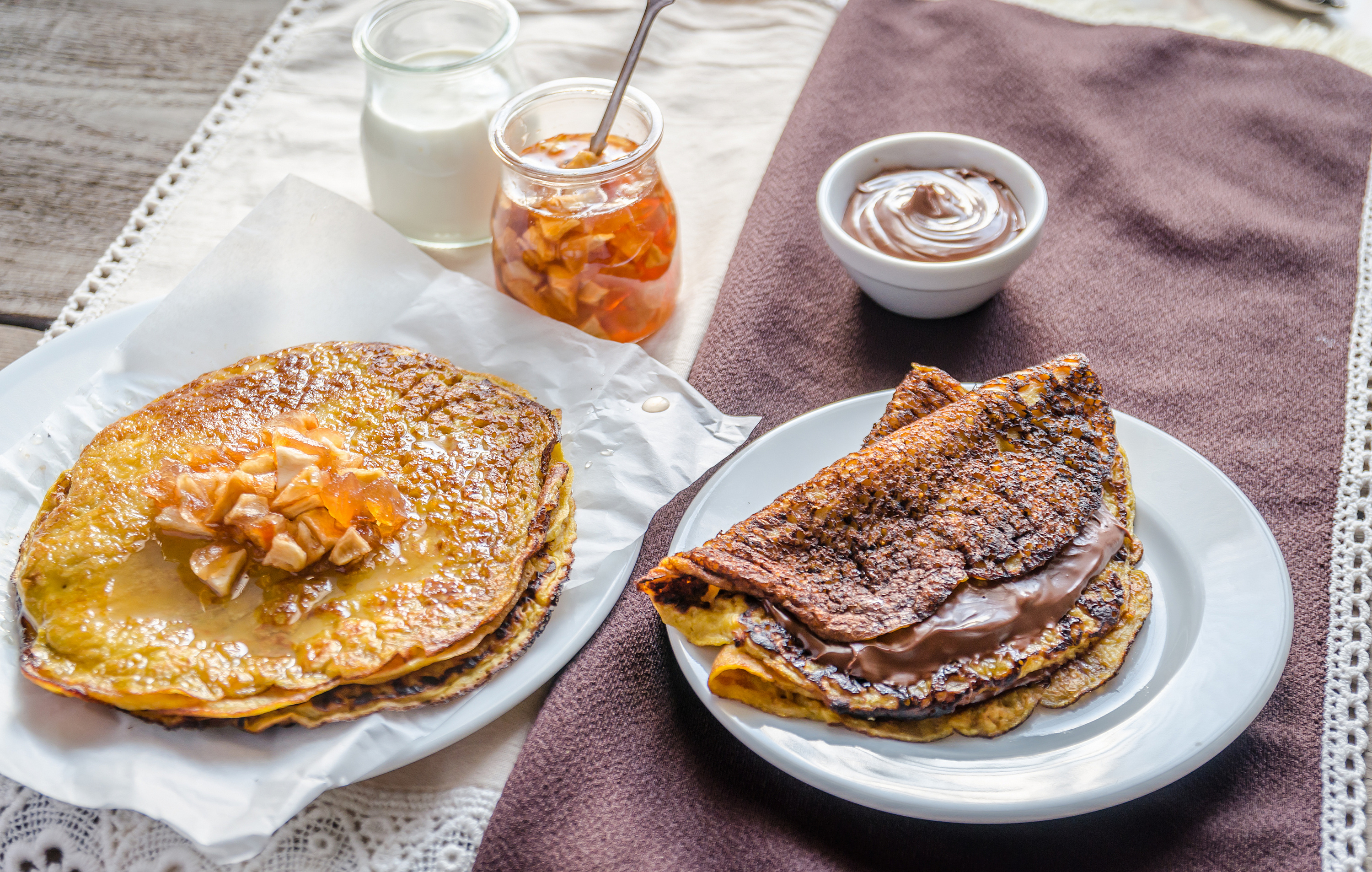 Pumpkin crepes with fruit confiture and chocolate cream