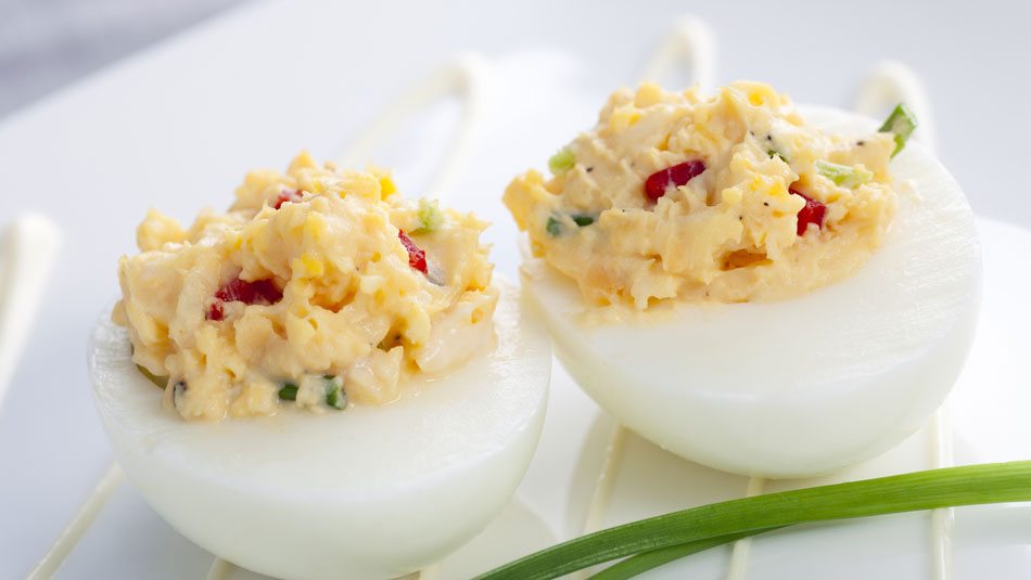 Pimento Cheese Deviled Eggs for Derby de Mayo Pimento Cheese Deviled Eggs