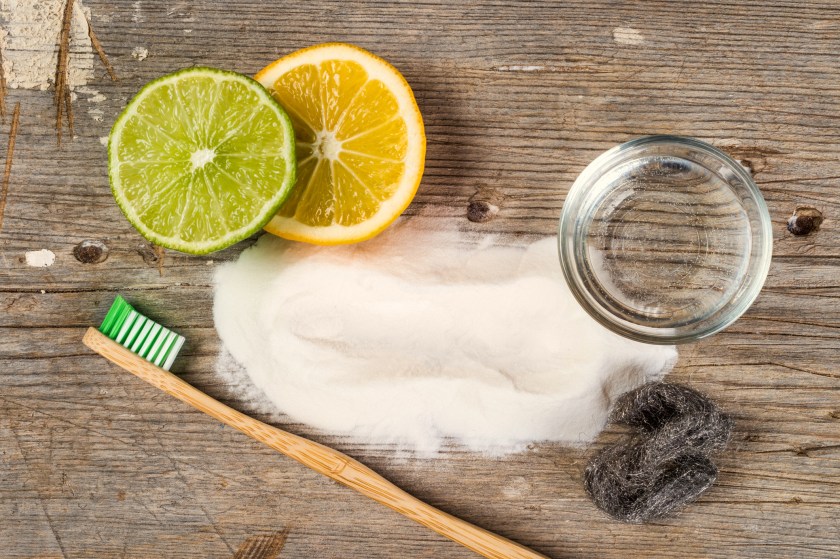 Baking soda, water, lemon, sponge, toothbrush and steel wool