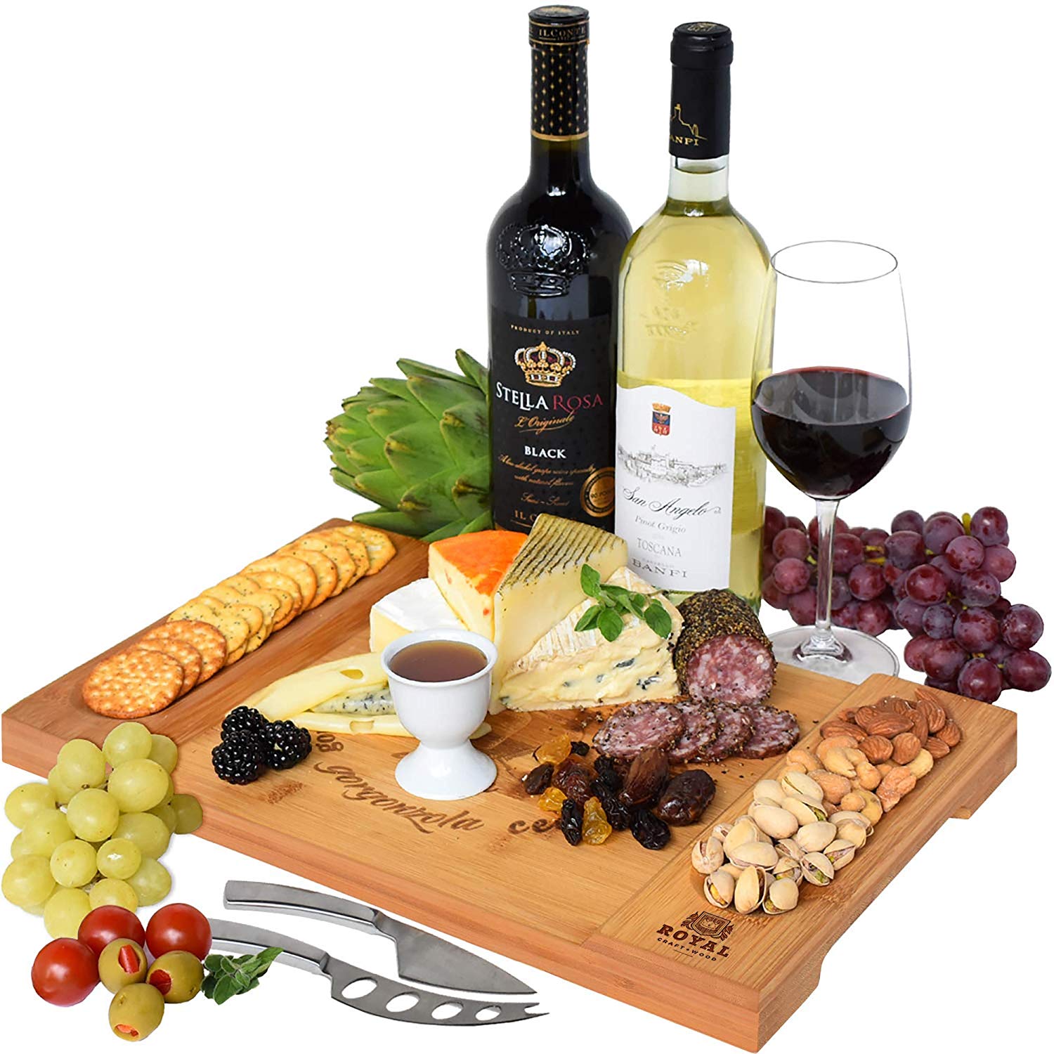Unique Bamboo Cheese Board, Charcuterie Platter & Serving Tray