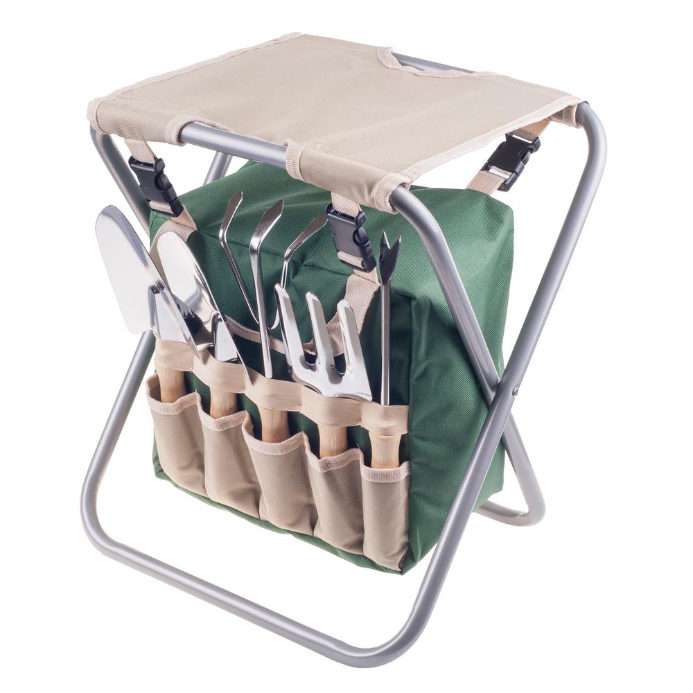 Folding Garden Stool with Tool Bag Plus 5 Garden Tools