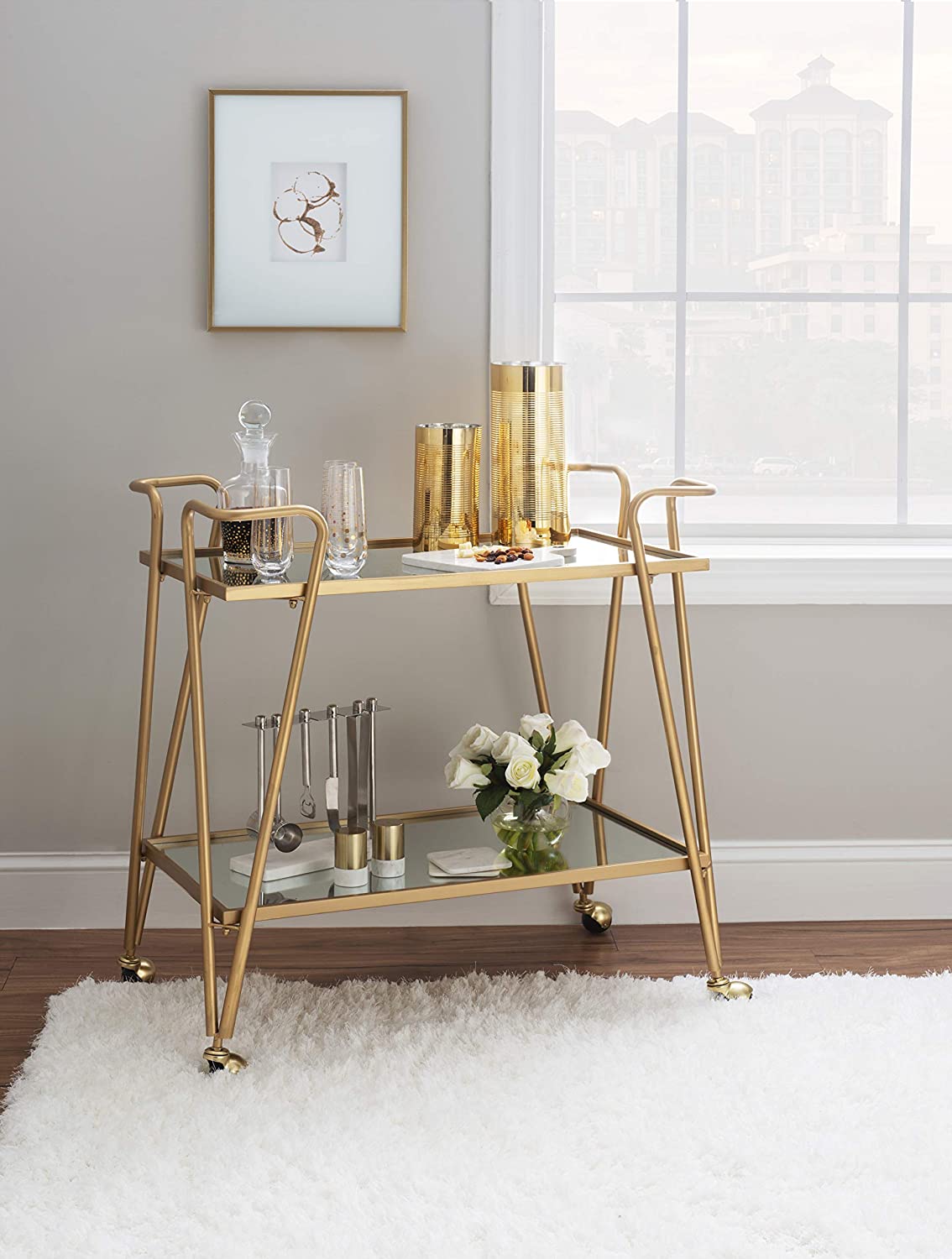Linon Gina Mid-Century Bar Cart, Gold