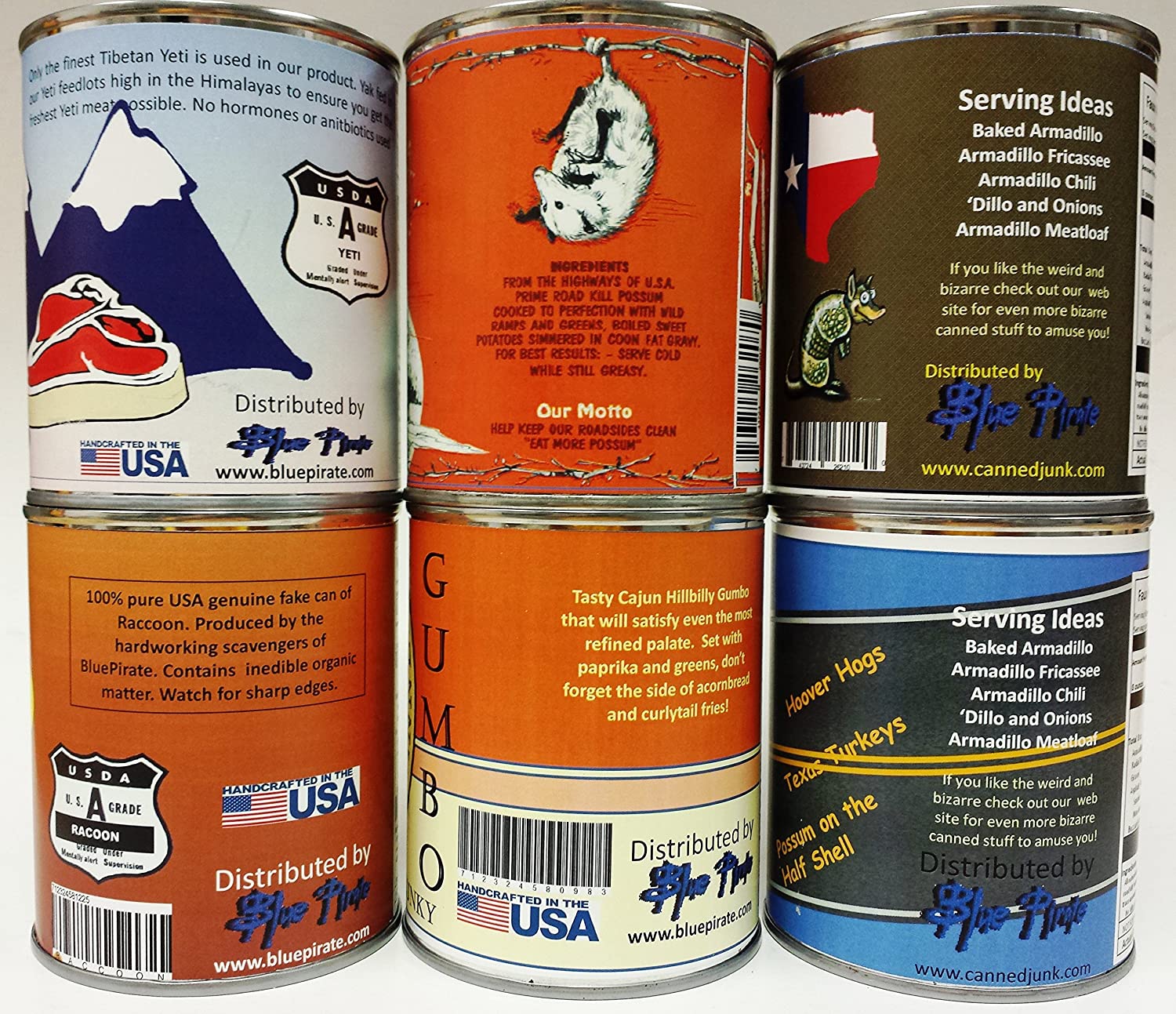 Six-Pack of Gag Canned Meat: Creamed Possum, Armadillo, Dillo, Raccoon, Yeti and Squirrel!