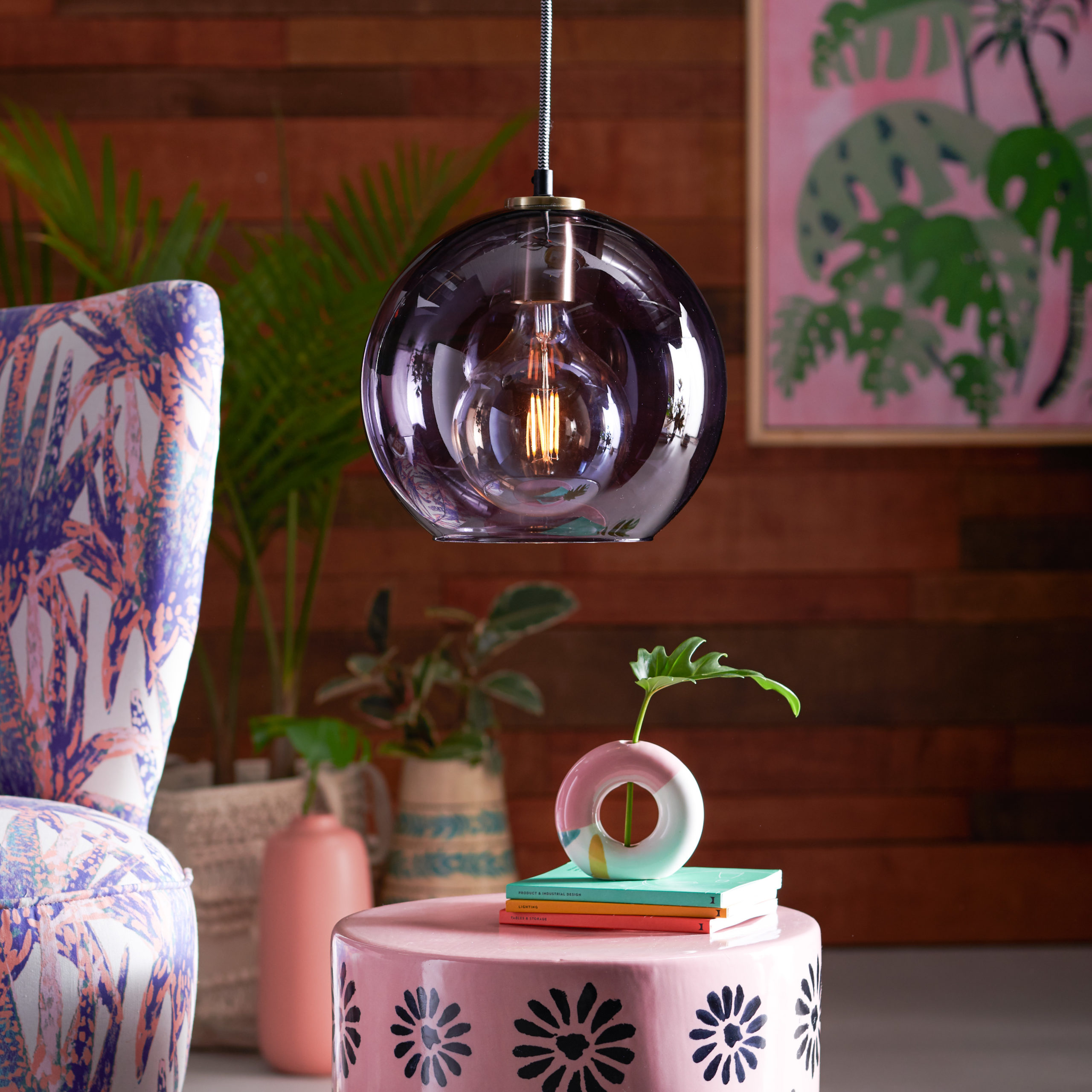 1 Light Purple Glass Cocoon Style Pendant Light by Drew Barrymore Flower Home, UL Listed, LED Bulb Included