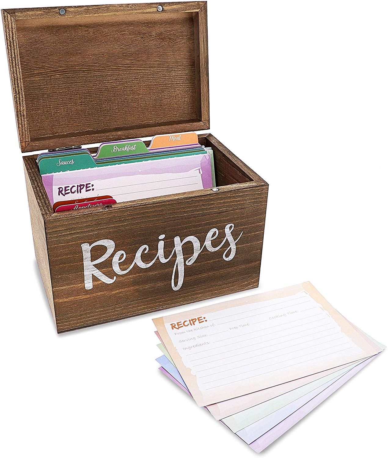 Juvale Wood Recipe Organization Box with Cards and Dividers, 7.1 x 5 x 4.7 Inches