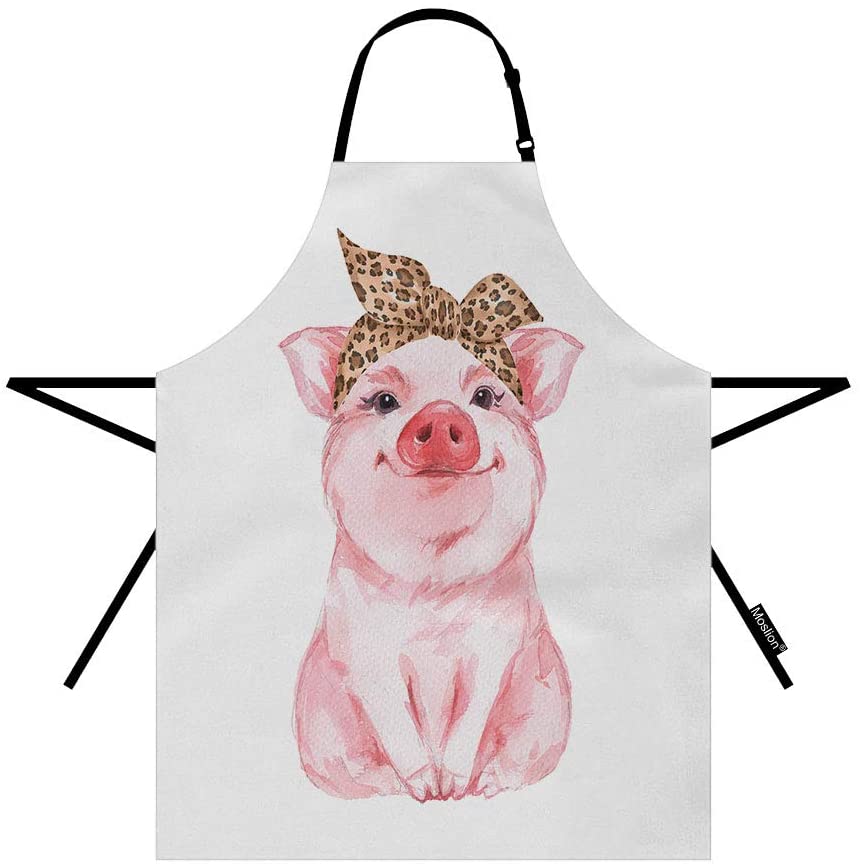 Moslion Pig Apron 31x27 Inch Farm Animal Funny Cute Piggy Wearing Leopard Bandanna Kitchen Chef Waitress Cook Aprons Bib with Adjustable Neck for Women Men Girls Pink